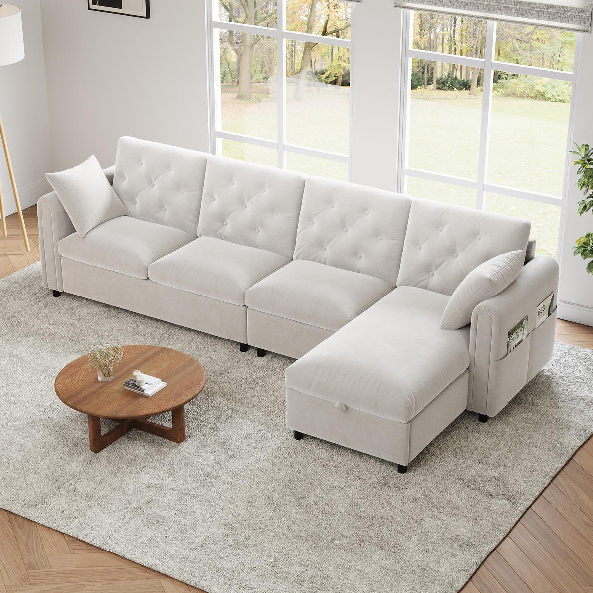 SOFA Beige L-Form Samt Stauraum Armlehne 281cm Knopfheftung - Beige, Textil (132/86/281cm) - FLIEKS