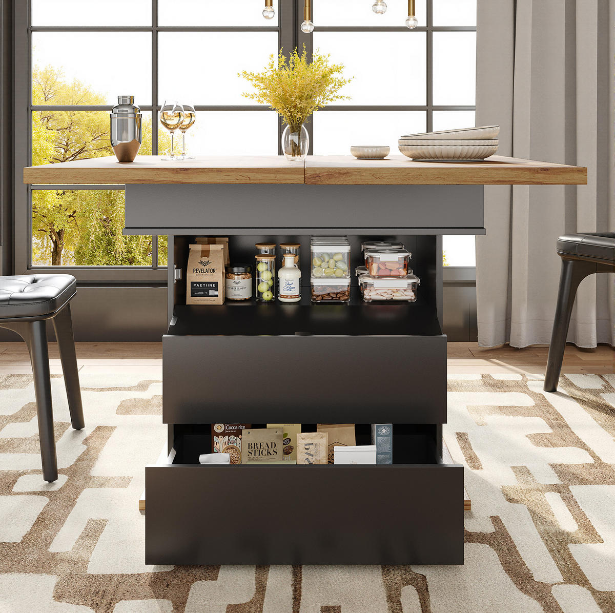 ESSTISCH aus MDF 110-140x80x75 cm Schwarz/Natur ausziehbar mit Stauraum und Soft-Close-Klappe - Schwarz, Holzwerkstoff (110/80/75cm) - Modfu