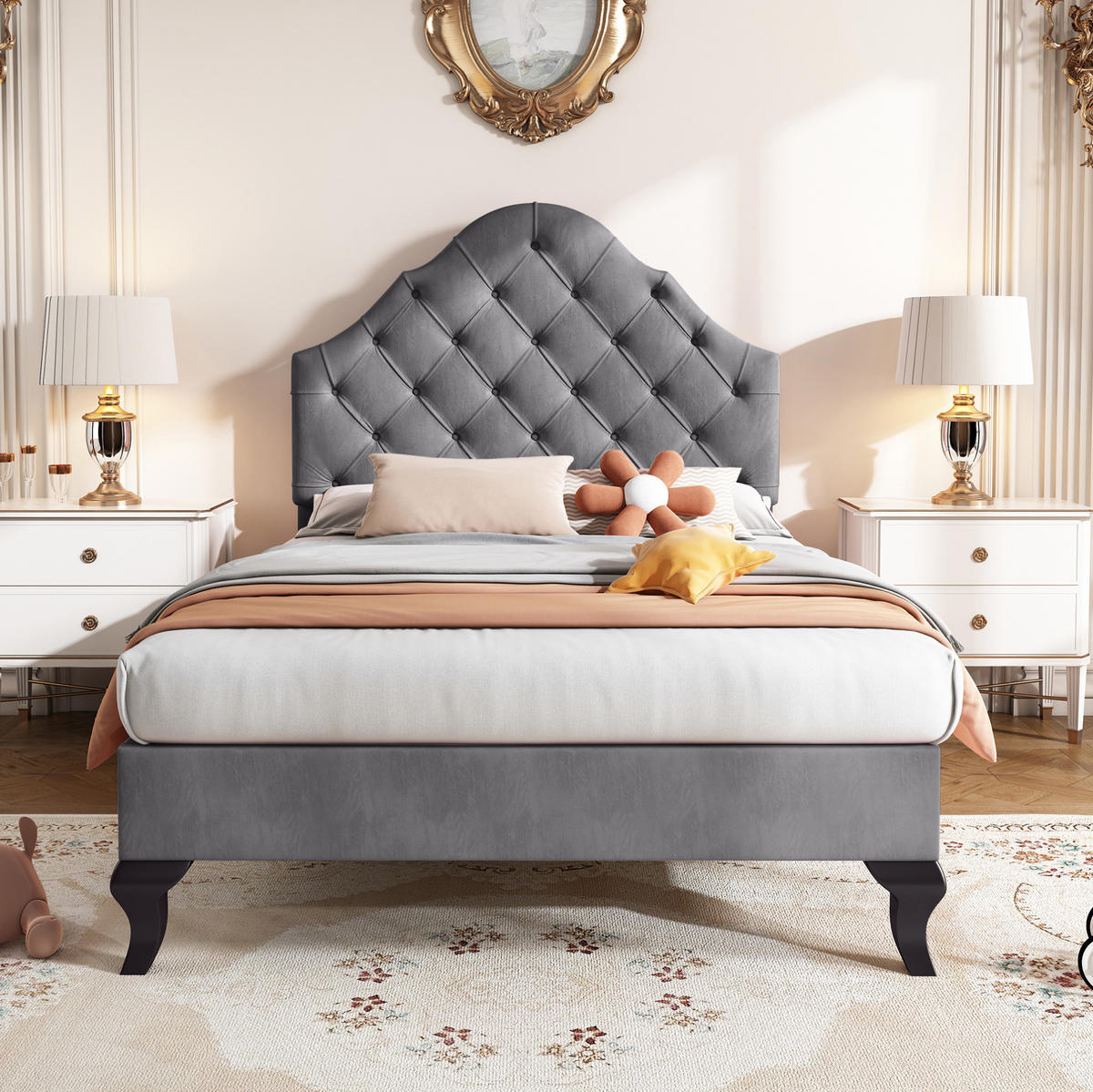 POLSTERBETT 90/200 cm mit Lattenrost und gepolstertem Kopfteil aus Samt, Grau - Grau, Textil (90/200cm) - Redom