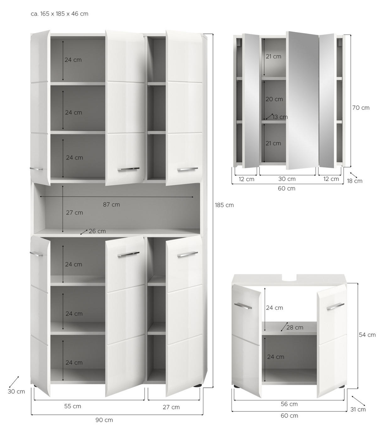 BADMÖBEL SET 3-teilig in weiß Hochglanz Badkombination 165 x 185 cm Cover - Weiß Hochglanz/Silberfarben, Holzwerkstoff/Kunststoff (165/185/30cm) - Inn.Furn