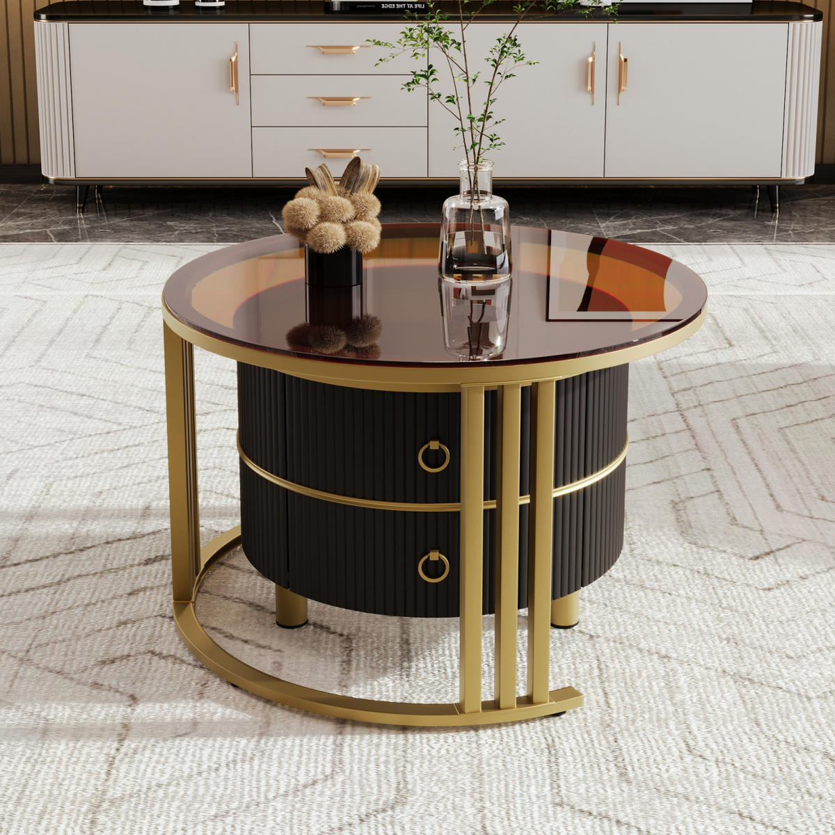 COUCHTISCH Schwarz mit Glasplatte und 2 Schubladen, rund - Schwarz, Metall (70/70/46cm)