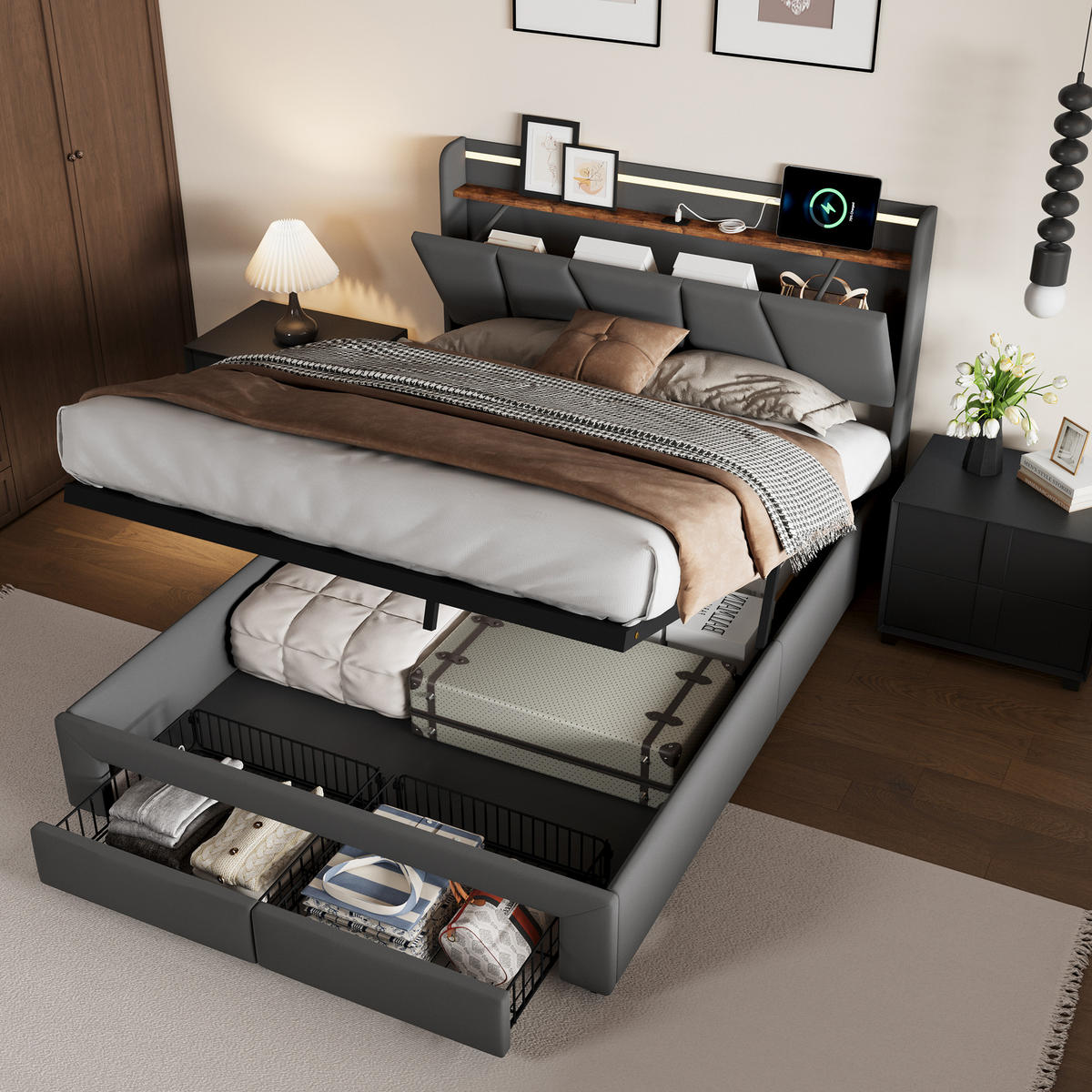 POLSTERBETT 140x200 cm LED USB Stauraum Lattenrost dunkelgrau - Grau, Holz (140/200cm) - LEBENLANG