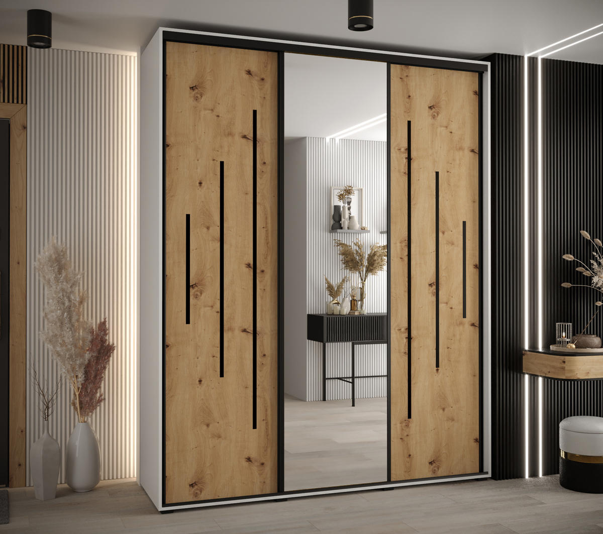 SCHWEBETÜRENSCHRANK 235,2/200/60 3-türig - Schwarz/Eiche Artisan, Holz/Metall (200/235/60cm) - Abiks Möbel