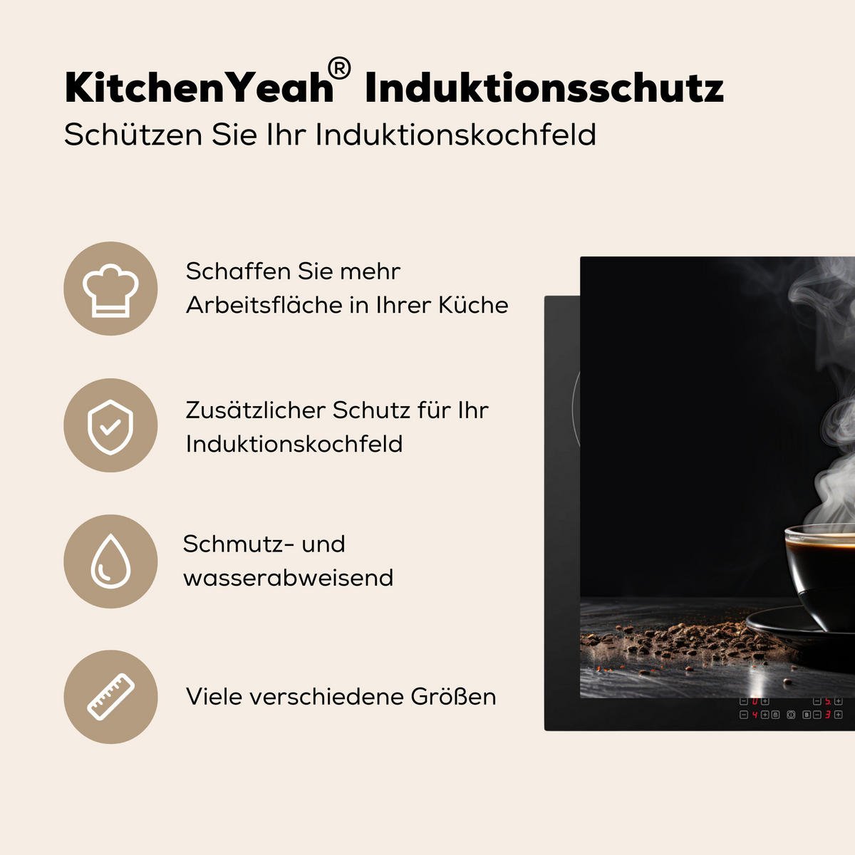 HERDABDECKPLATTE Kaffee - Schwarz - Bohnen - Heiß - Tasse Induktionsmatte 77x59 cm - Schwarz, Kunststoff (77/59/0.2cm) - MuchoWow