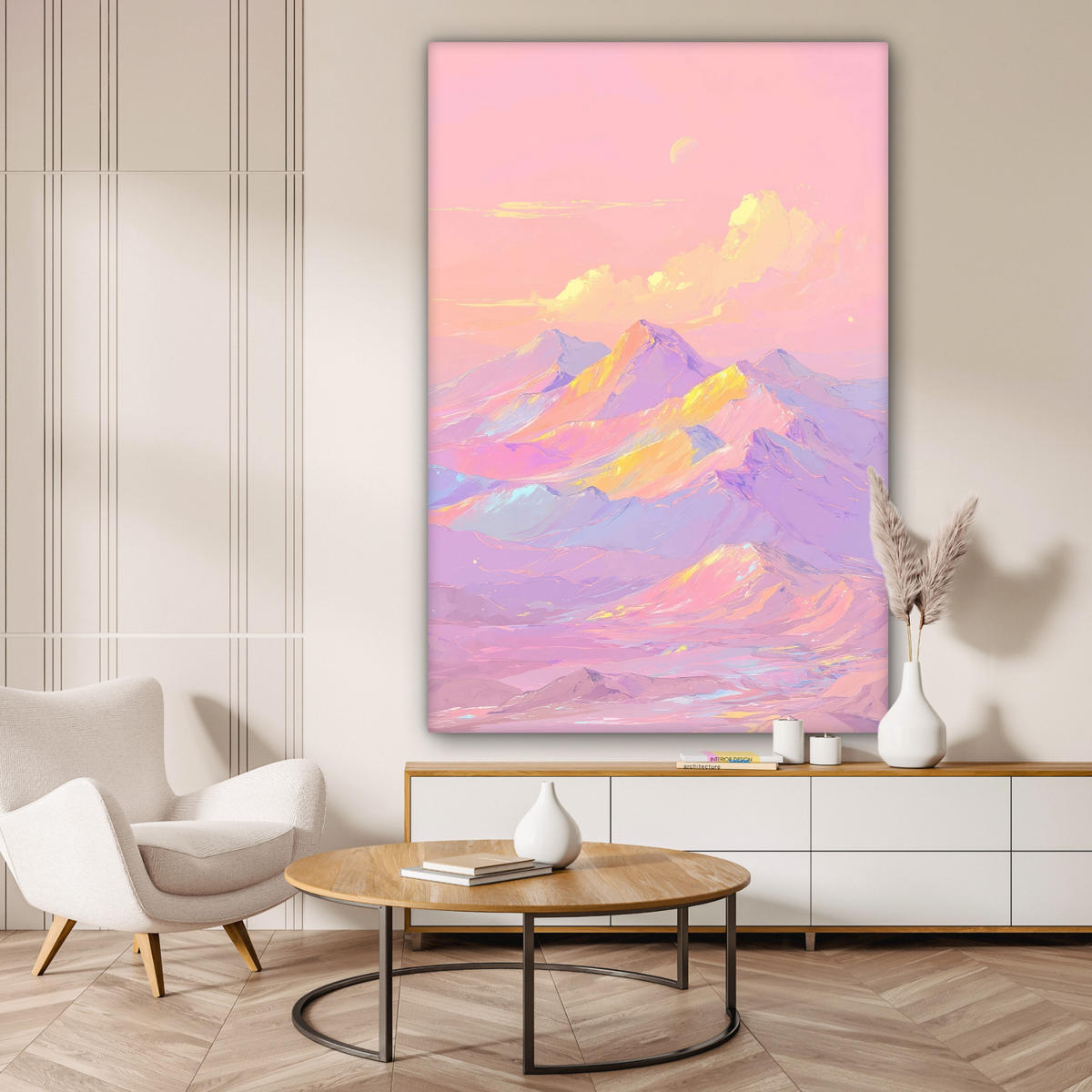 OBRAZ NA PLÁTNĚ Vrcholky hor - Mraky - Zasněné 90x140 cm - světle růžová, textil (90/140cm) - MuchoWow
