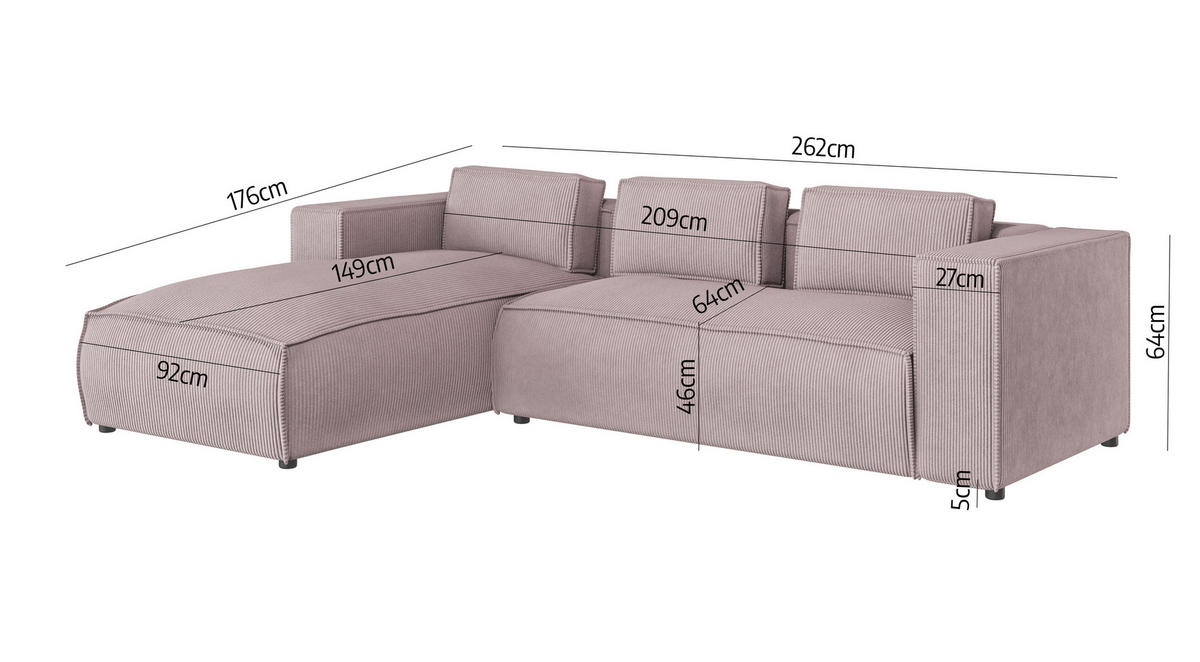 ECKSOFA Nova Puderrosa Cord - Pink/Schwarz, Holz/Kunststoff (262/176cm) - S-Style Möbel