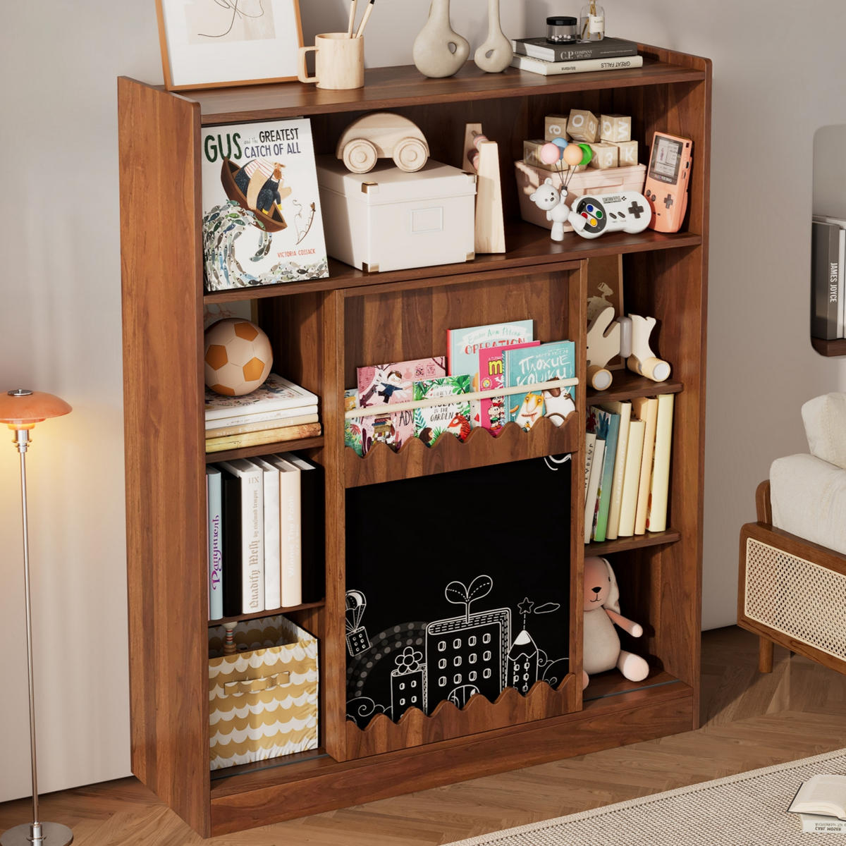 BÜCHERREGAL 120x38.5x151.5cm Nussbaum mit Tafel Schiebetüren 9 Fächer - Walnussfarben, Holz (38.5/151.5/120cm) - FLIEKS