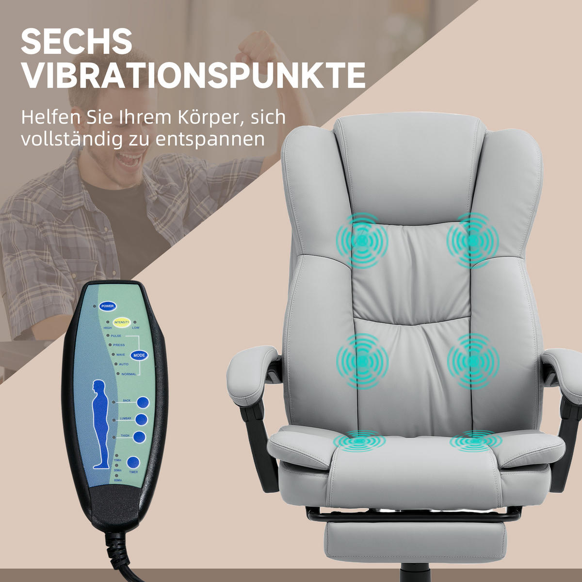 BÜROSTUHL mit 5 Massagemodi, Ergonomisch Schreibtischstuhl mit Liegefunktion - Hellgrau/Schwarz, Kunststoff (68.5/121/68.5cm) - Vinsetto