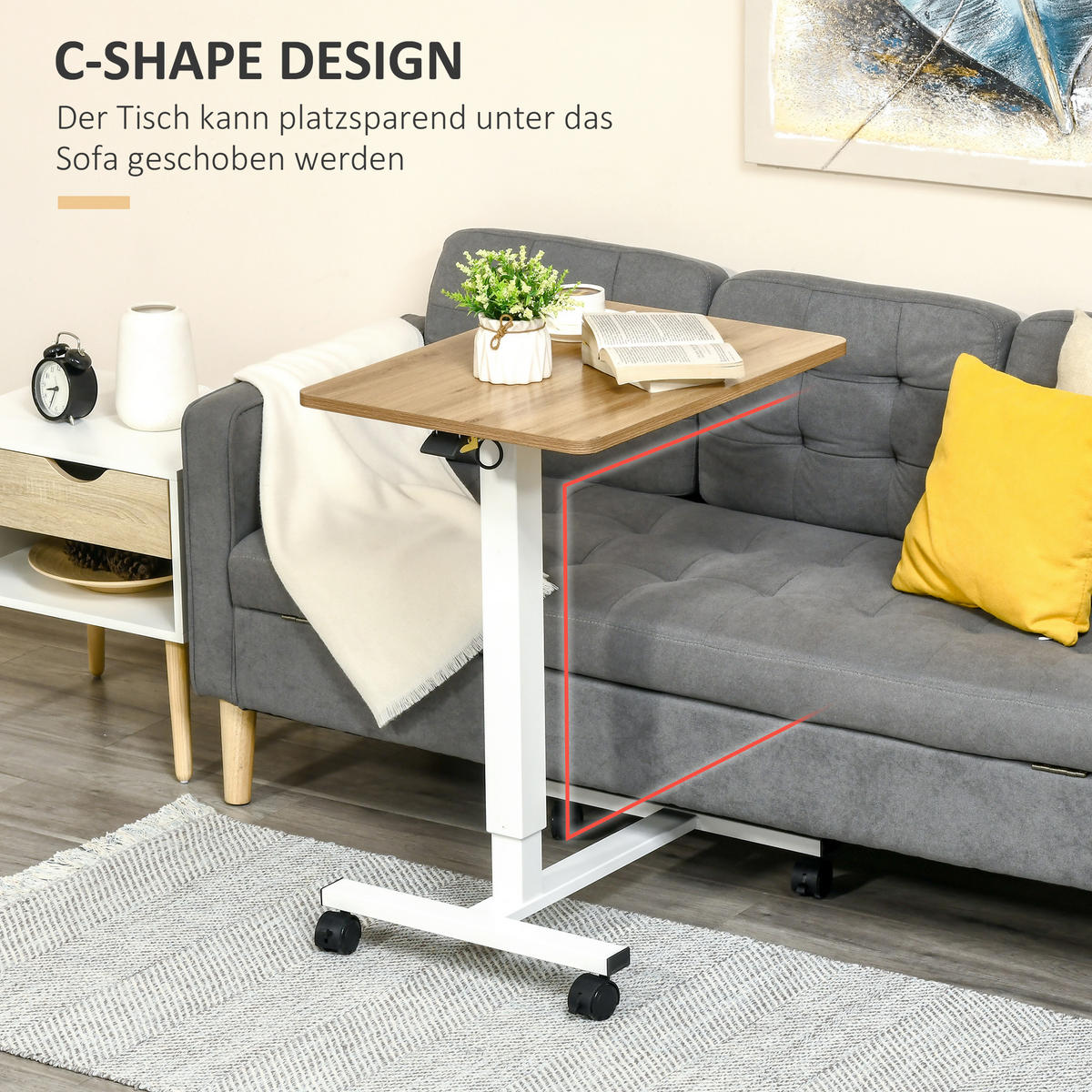 SCHREIBTISCH Laptoptisch mit Gaslift Höhenverstellbar C-Form Beweglich bis 70kg - Naturfarben, Kunststoff (65/48/110cm) - HOMCOM