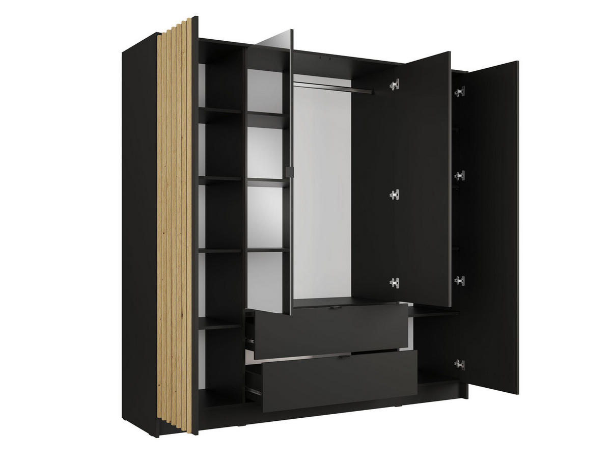 KLEIDERSCHRANK KAVORA 20 - 200×200,5×54,5 cm mit 4 Türen & 2 Schubladen Schwarz Onyx - Schwarz, Holzwerkstoff (200/200.5/54.5cm) - Milaros Markt