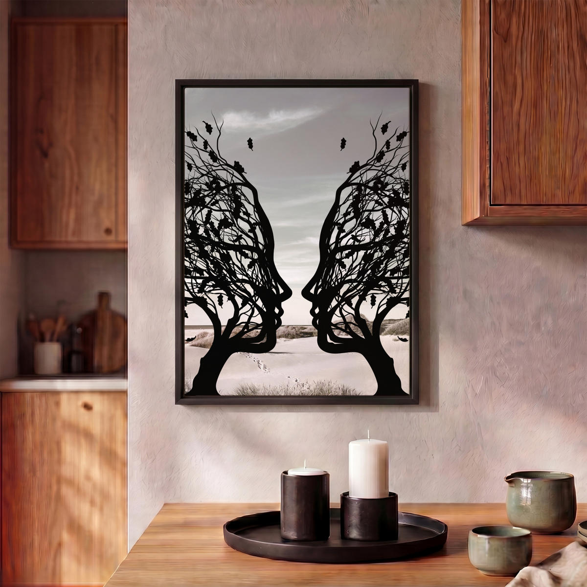 LEINWAND Bilder mit Rahmen - Strand - Meer - Menschen - Baum - Moderne Kunst - 30x40 - Hellgrau, Textil (30/40cm) - MuchoWow