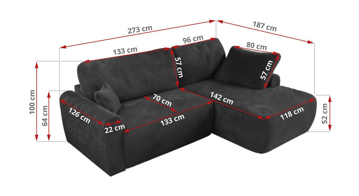 ECKSCHLAFSOFA CUBO L Dunkelgrau Plüsch - links - Dunkelgrau/Schwarz, Kunststoff/Textil (273/187cm) - MKS