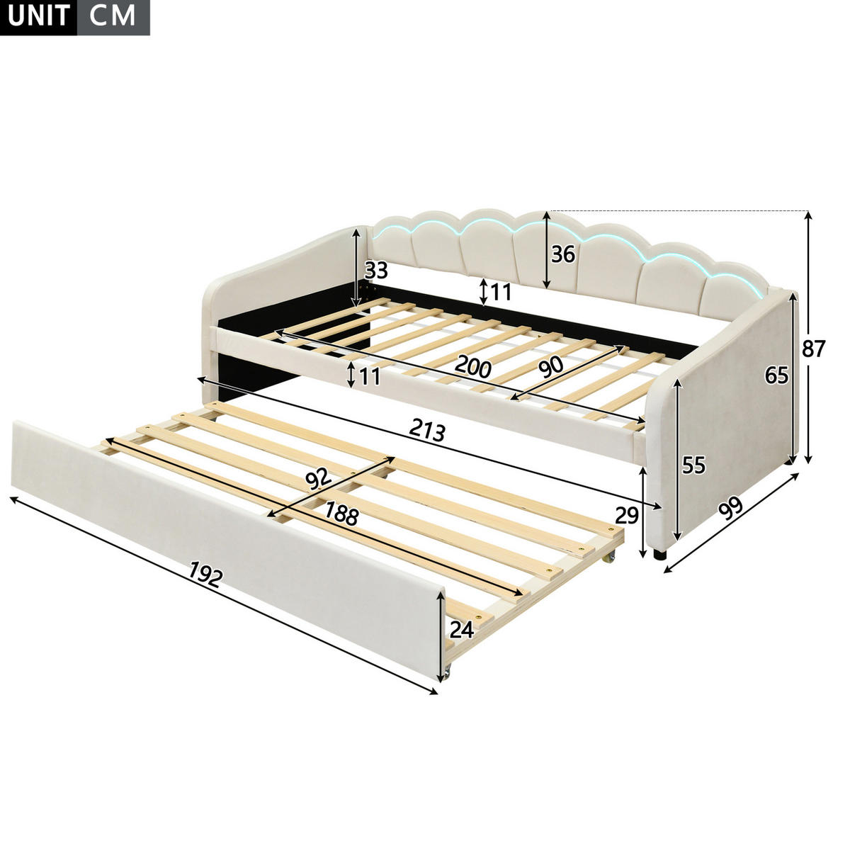 TAGESBETT 90/200 cm mit ausziehbarem Rollbett, LED-Beleuchtung und Samtbezug, Beige - Beige, Textil (90/200cm) - Redom