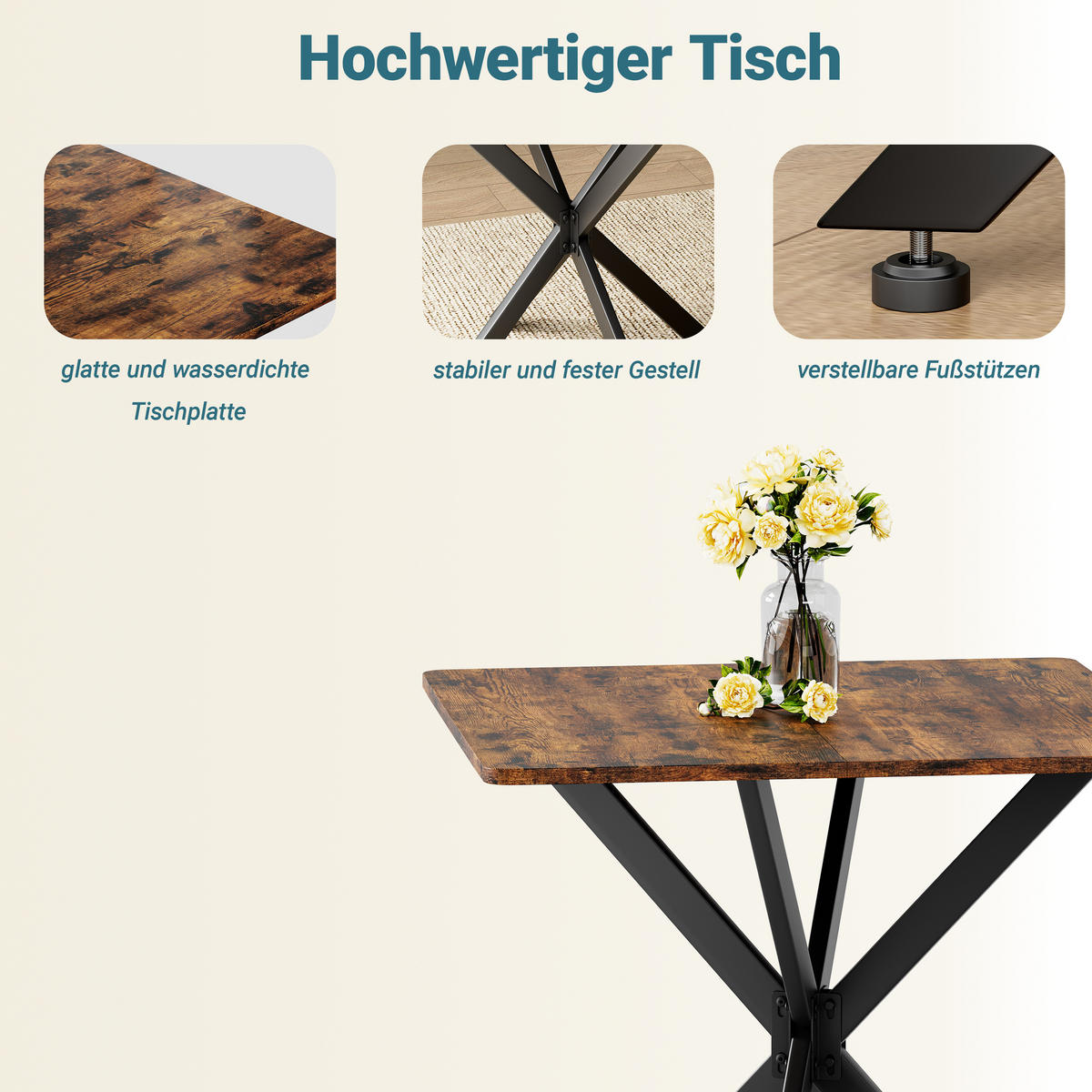 BEISTELLTISCH 80/80/75 cm braun aus Spanplatte mit X-Gestell und höhenverstellbaren Füßen - Braun, Holzwerkstoff (80/80/75cm) - OKWISH