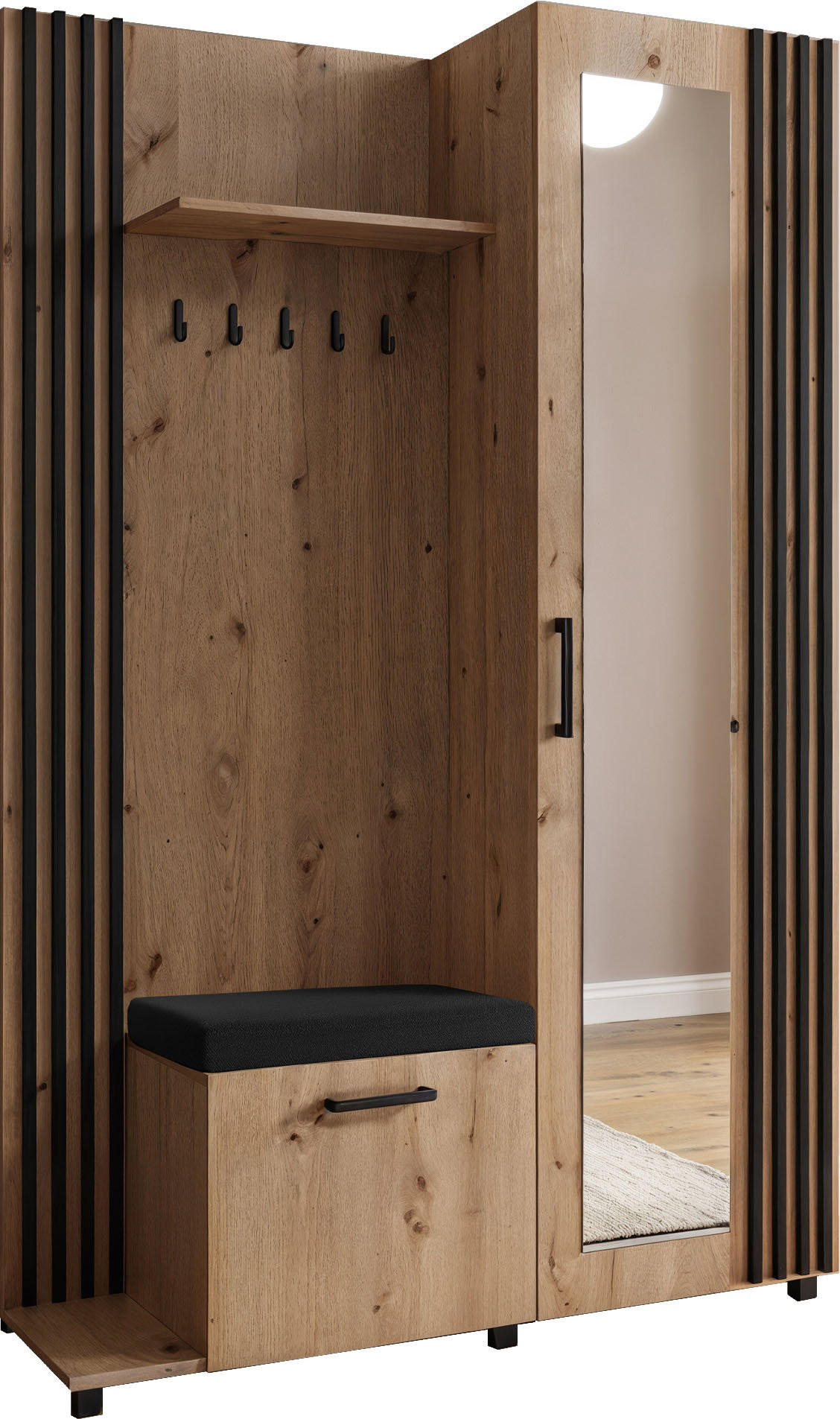 GARDEROBE Linaro mit Spiegel, Sitzbank in Lamellen-Optik 137/207/42 cm, Links - Schwarz/Braun, Holzwerkstoff (137/207/42cm) - WFL GROUP