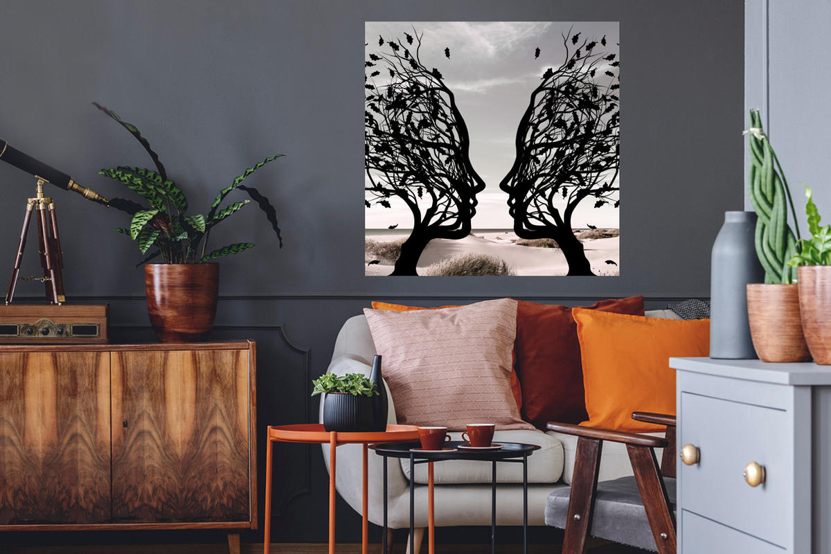 WANDTATTOO Strand - Meer - Menschen - Baum - Moderne Kunst 50x50 cm - Hellgrau, Kunststoff (50/50/0.1cm) - MuchoWow