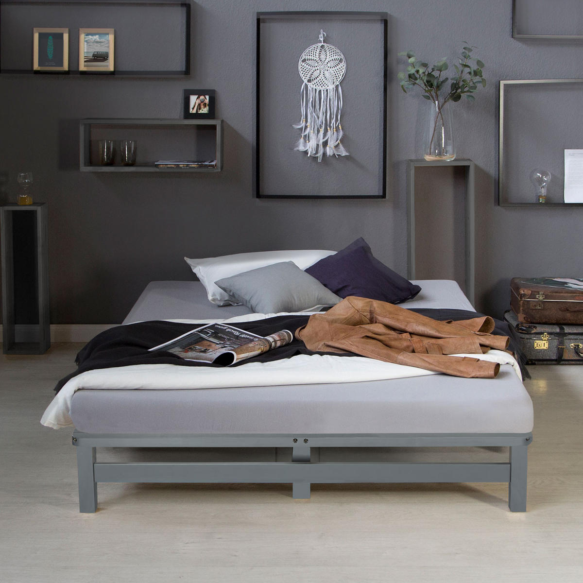 HOLZBETT mit Matratze 140/200 cm grau - Grau, Holz (140/200cm) - Homestyle4u