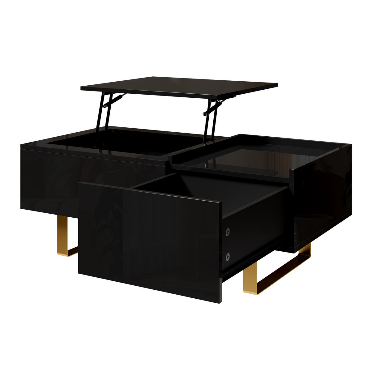 COUCHTISCH Höhenverstellbar MDF Hochglanz mit Schublade und Eisenfüßen - Schwarz, Holzwerkstoff (100/50/54.5cm) - Korfee