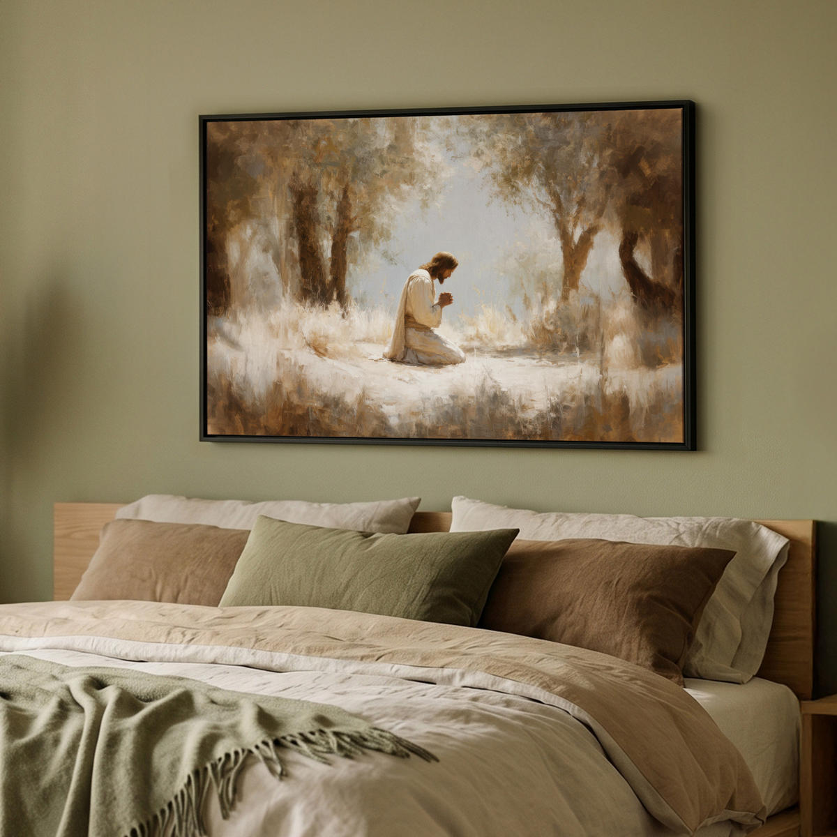 LEINWAND Bilder mit Rahmen - Jesus - Kniend - Waldlandschaft - Betend - 90x60 - Beige, Textil (90/60cm) - MuchoWow