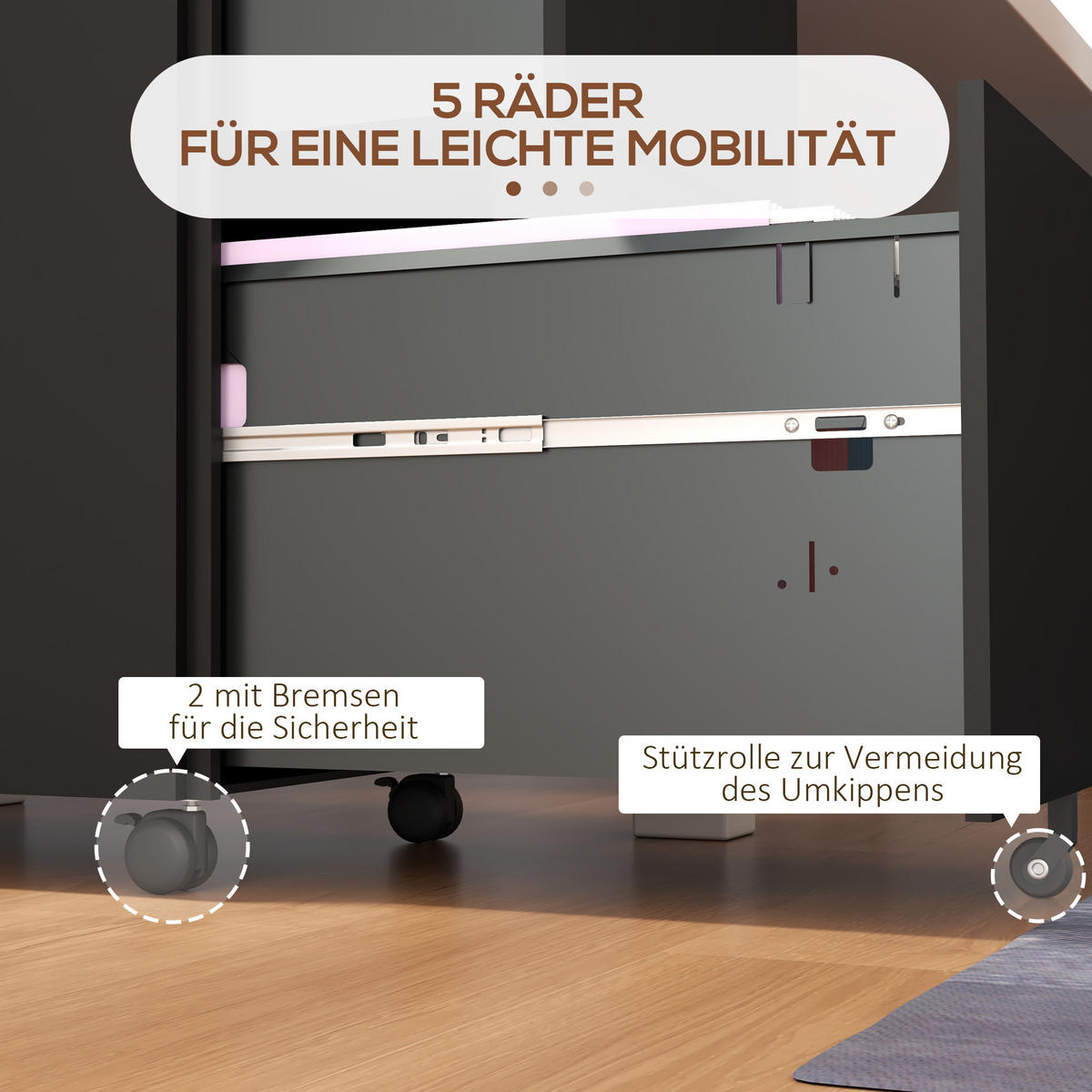 AKTENSCHRANK mit 2 Schubladen, Rollen, für A4 Akten, Dokumente, Stahl, Schwarz - Schwarz, Metall (43.5/67.5/37cm) - Vinsetto