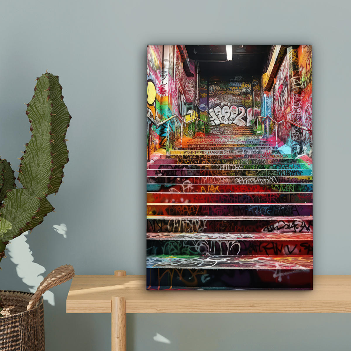 LEINWANDBILD Treppe - Graffiti - Farben - Kunst Deko Wohnzimmer 20x30 cm - Multicolor, Textil (20/30cm) - MuchoWow