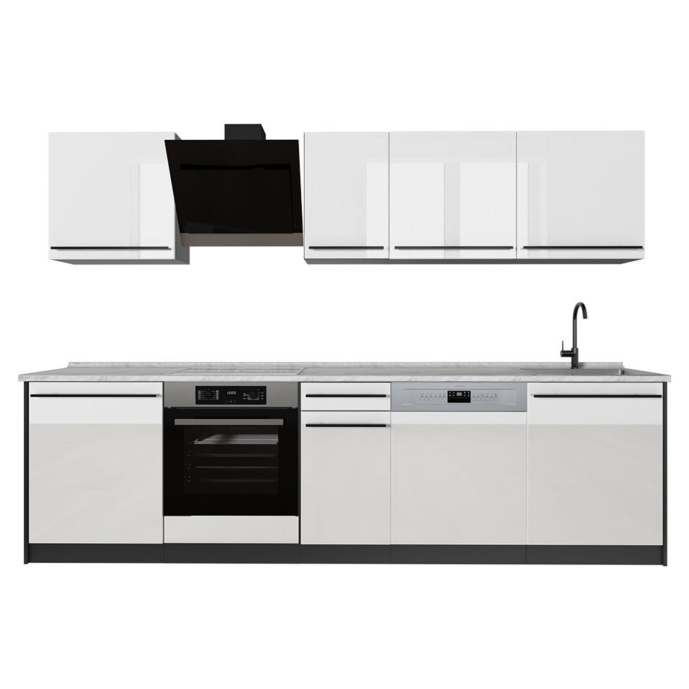 KÜCHENZEILE R-Line, Weiß Hochglanz/Anthrazit, 280 cm Arbeitsplatte Marmor - Weiß Hochglanz/Anthrazit, Holzwerkstoff (280/206.8/60cm) - Vicco