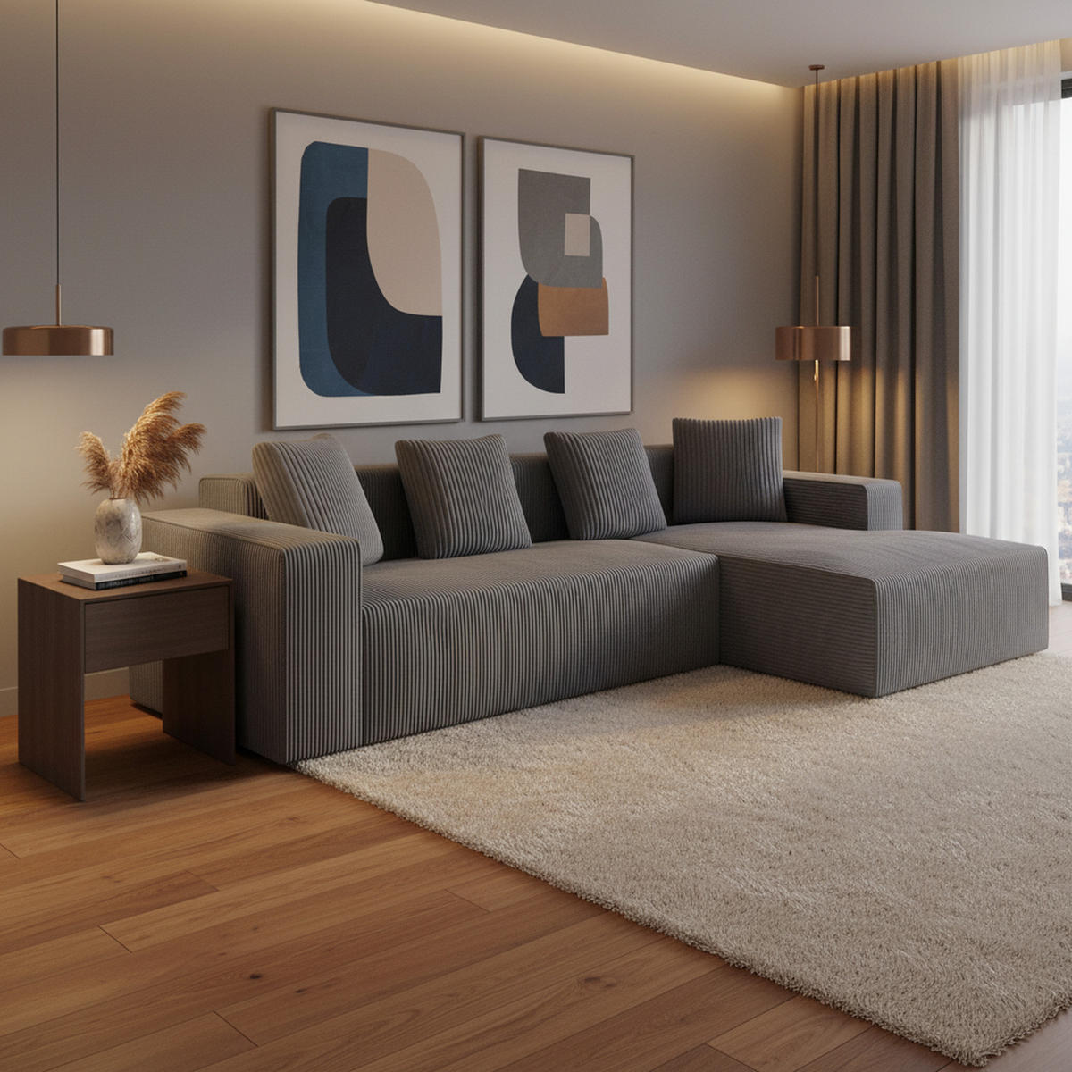 ECKSOFA aus Cord in Grau modulares Cloud-Design & ohne Montage - Beige, Textil (146/261cm) - Urban Meuble