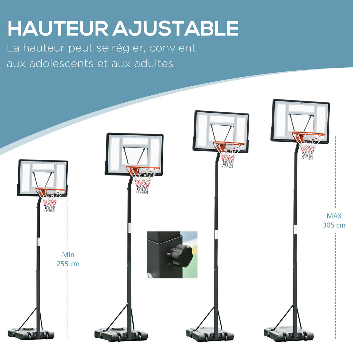 BASKETBALLKORB DE-18510 höhenverstellbar 2,55-3,05 m Schwarz/Weiß - Schwarz, Metall (165/90cm) - ComfortXL