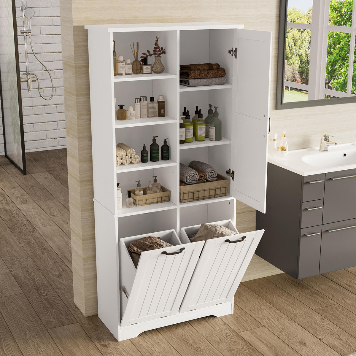 HOCHSCHRANK 78/35/172.7 cm Weiß mit doppelter Wäschekorb und 4 offene Fächer - Weiß, Holz/Holzwerkstoff (35/172.7/78cm) - Oxeza
