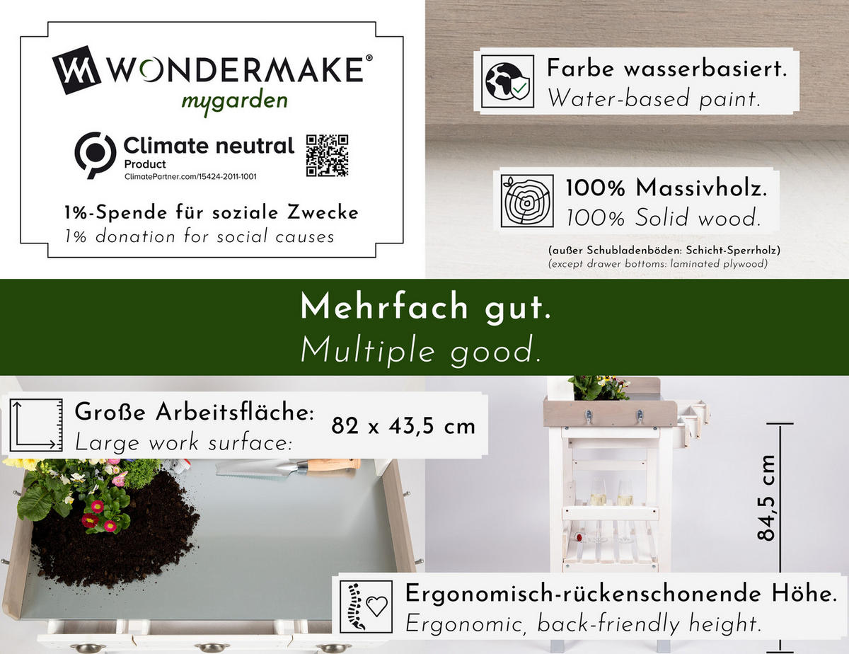 PFLANZTISCH aus Holz, mit 3 Schubladen, wetterfest für Garten und Balkon, weiß - Weiß, Holz (45/85/130cm) - WONDERMAKE