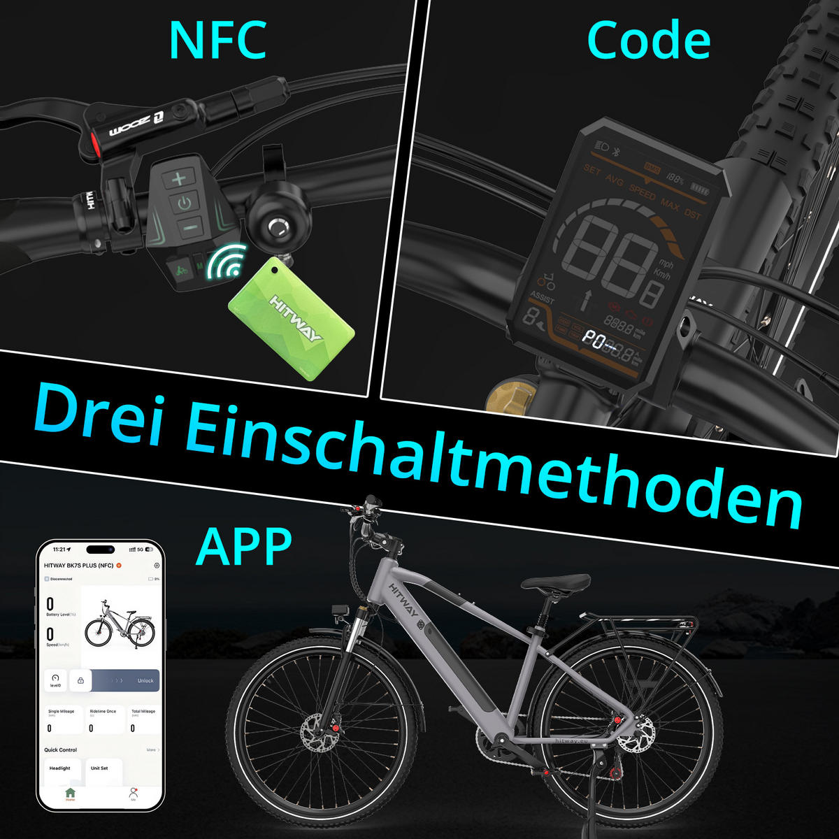 E-BIKE BK7SPLUS 27 kg Leichtbau mit 120 kg Traglast 3 Startmethoden Komfort für 170–195 cm - Grau, Metall (86cm) - HITWAY