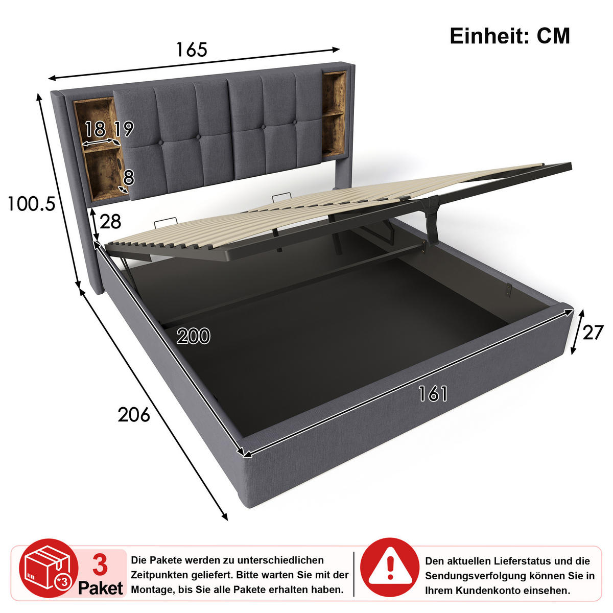 ČALOUNĚNÁ POSTEL 160 × 200 cm v šedé barvě s úložným prostorem, bezdrátovým nabíjením, USB a USB-C - šedá, kov/kompozitní dřevo (160/200cm) - WISHDOR