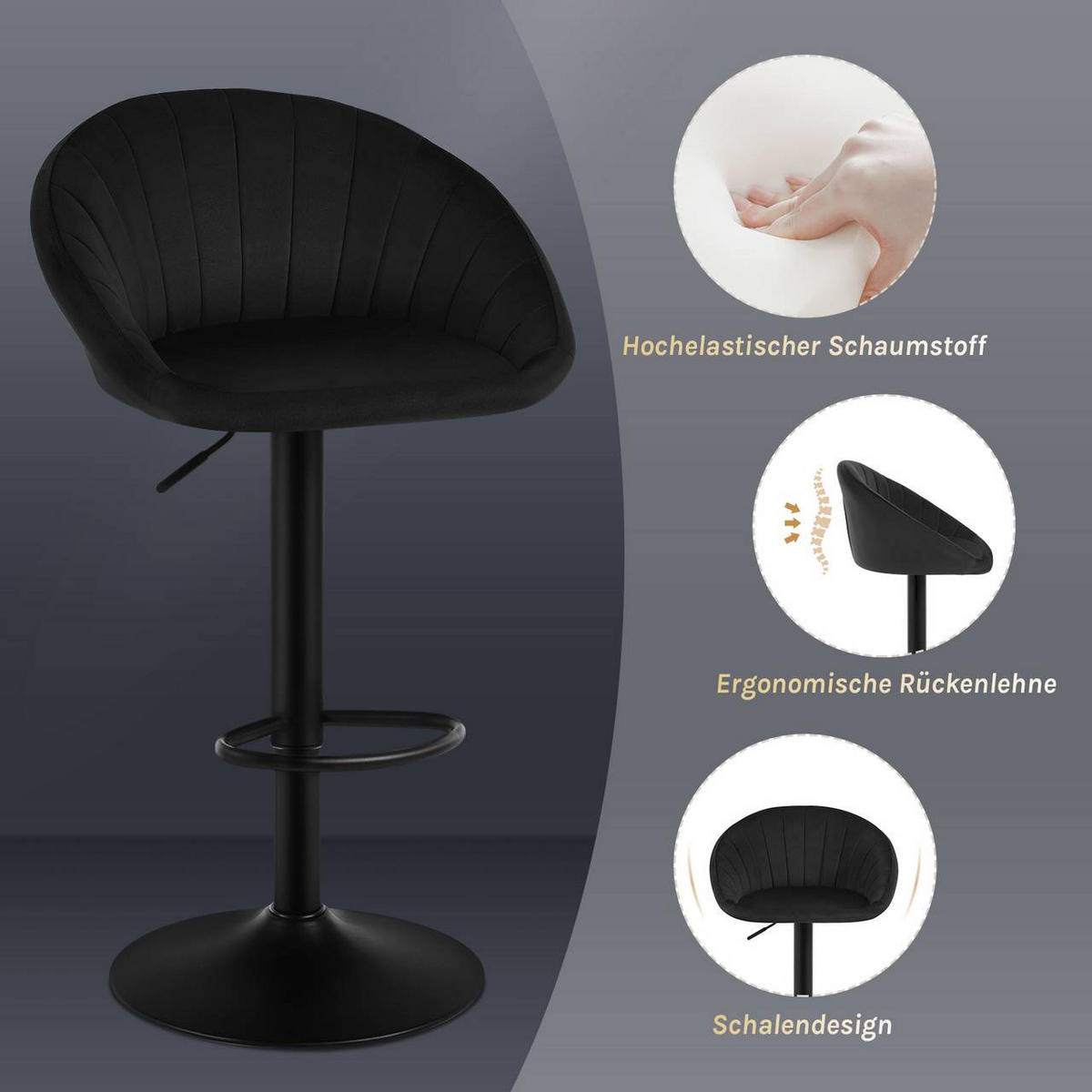 BARHOCKER 4er Set mit Rückenlehne, Samt, Schwarz - Schwarz, Textil/Metall (53/83/45cm) - Woltu