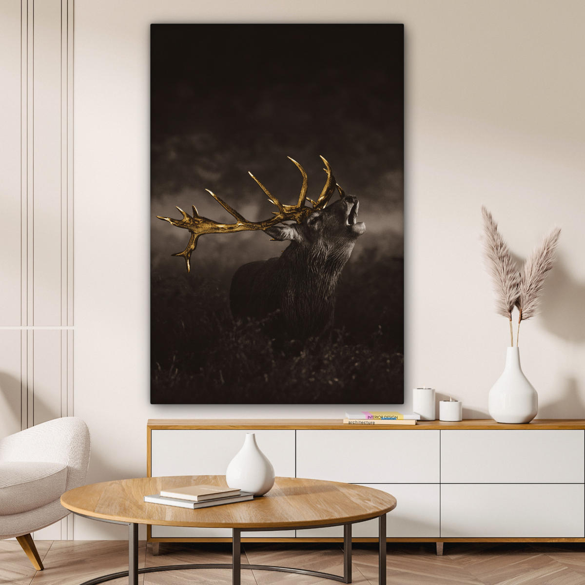 LEINWANDBILD Rotwild - Schwarz - Gold 80x120 cm - Braun, Textil (80/120cm) - MuchoWow