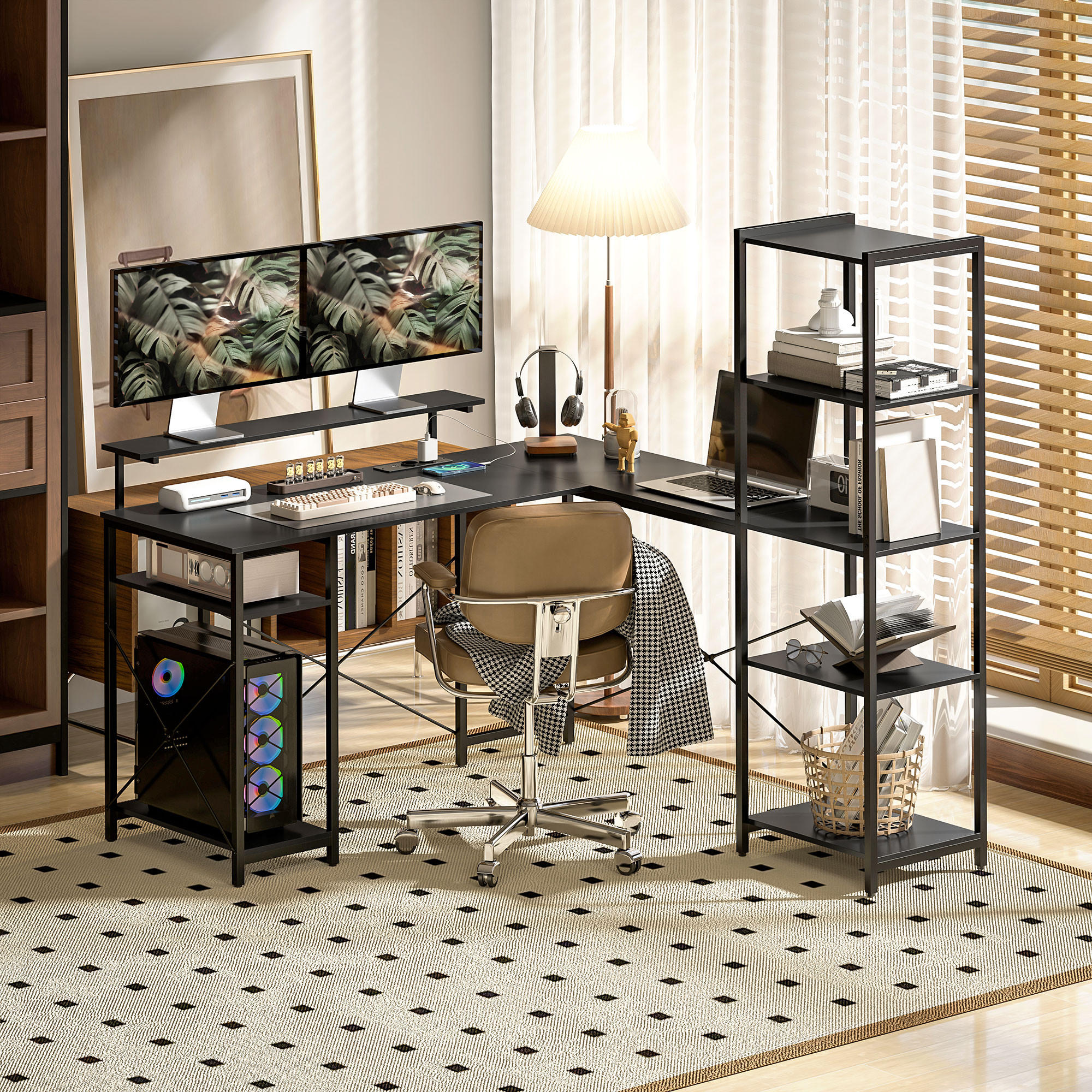 GAMING-TISCH L-förmig, Schreibtisch mit Steckdose, USB, 137 x 140 x 139,5 cm Schwarz - Schwarz, Holzwerkstoff (140/137/139.5cm) - HOMCOM