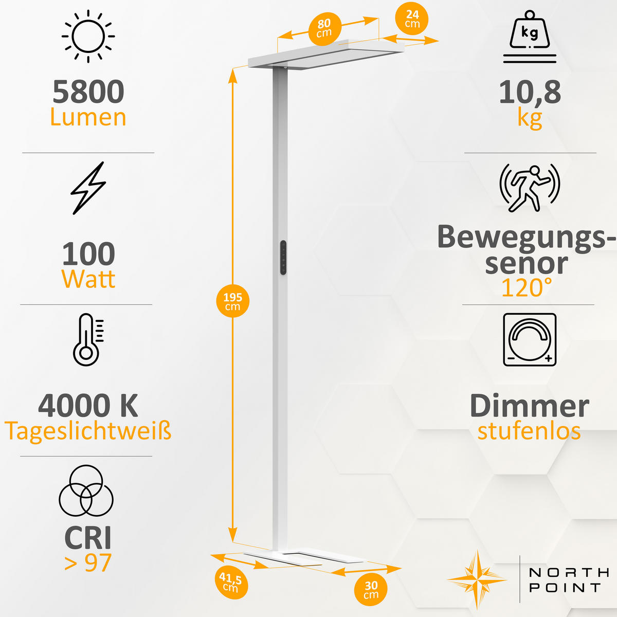 LED-STEHLEUCHTE Weiß 195 x 80 x 24 cm Metall - Weiß, Metall (80/30/195cm) - Northpoint