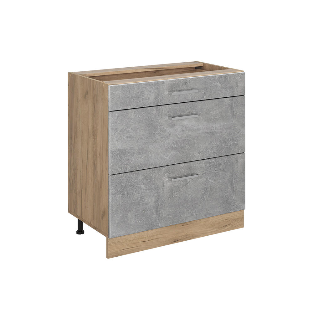 SPODNÍ SKŘÍŇKA KUCHYŇSKÉ LINKY R-Line, Beton/Zlatý mocný dub, 80 cm se 3 zásuvkami bez pracovní desky - šedá/barva dubu, kompozitní dřevo (80/81.6/46cm) - Vicco