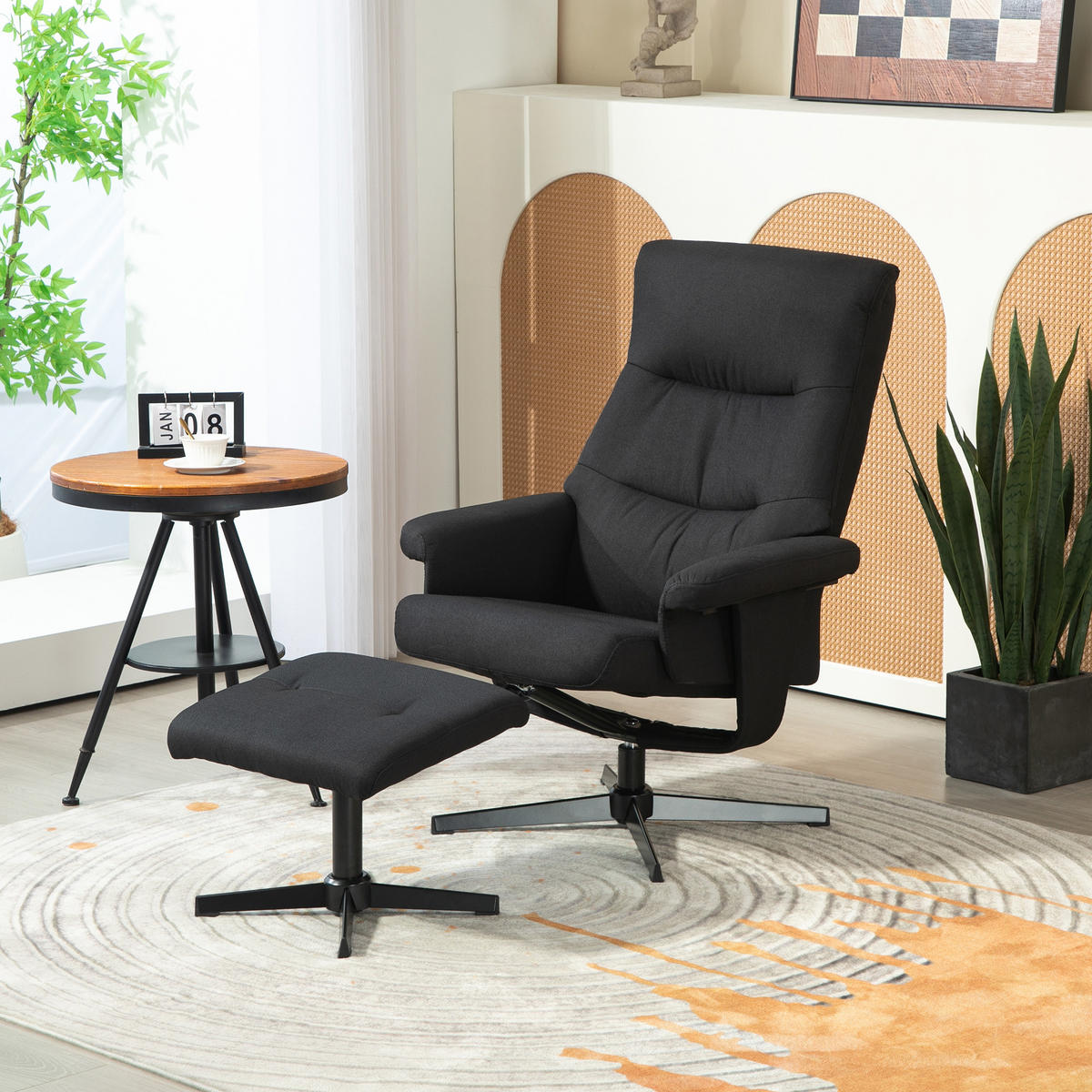 RELAXSESSEL mit Hocker, Gepolstert Fernsehsessel mit Liegefunktion, Schwarz - Schwarz, Textil/Metall (81/102/74cm) - HOMCOM