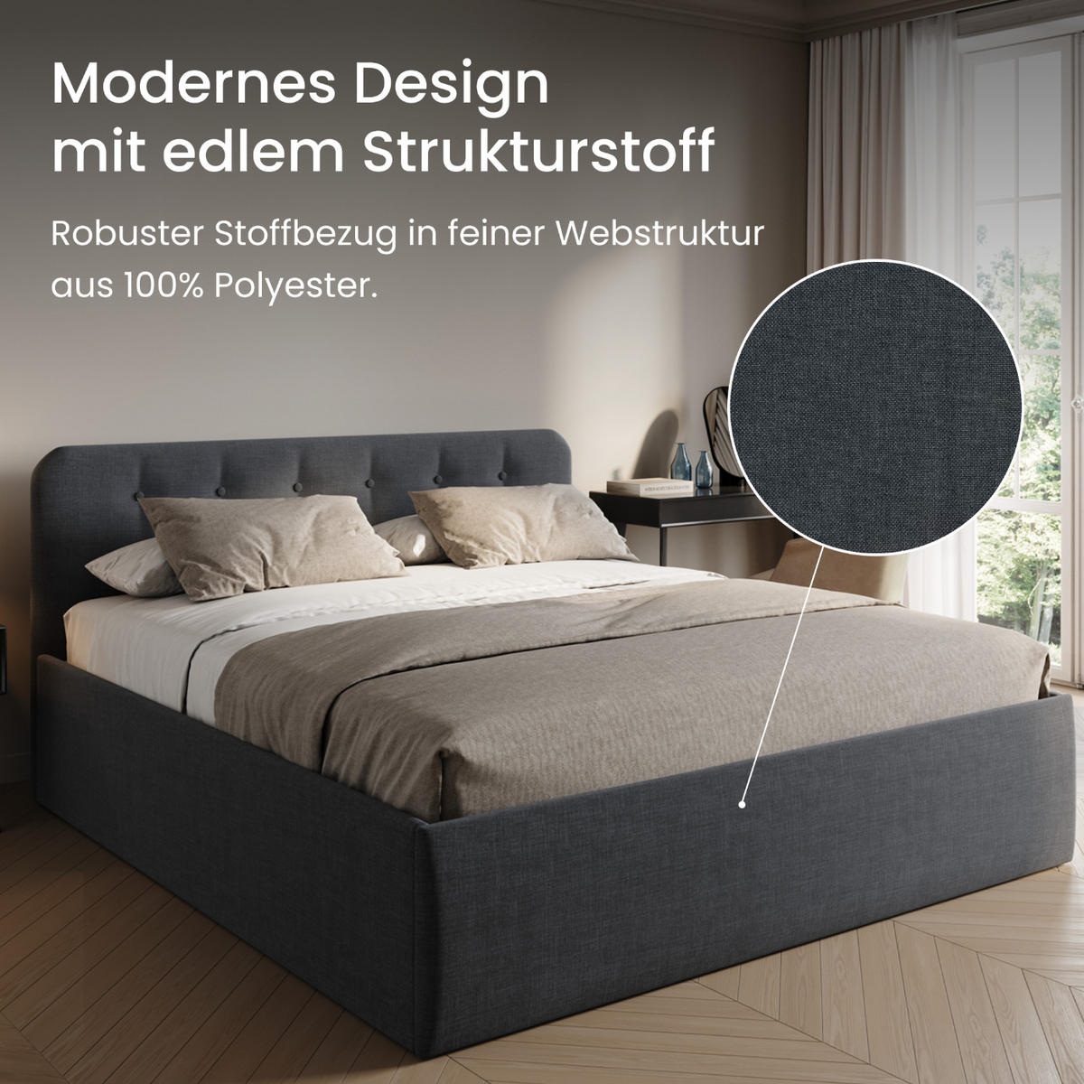 POLSTERBETT mit verstellbarem Lattenrost & Bettkasten, Bonnell-Matratze, 200 x 200 cm in Anthrazit - Anthrazit, Holzwerkstoff/Textil (200/200cm) - Home Collective