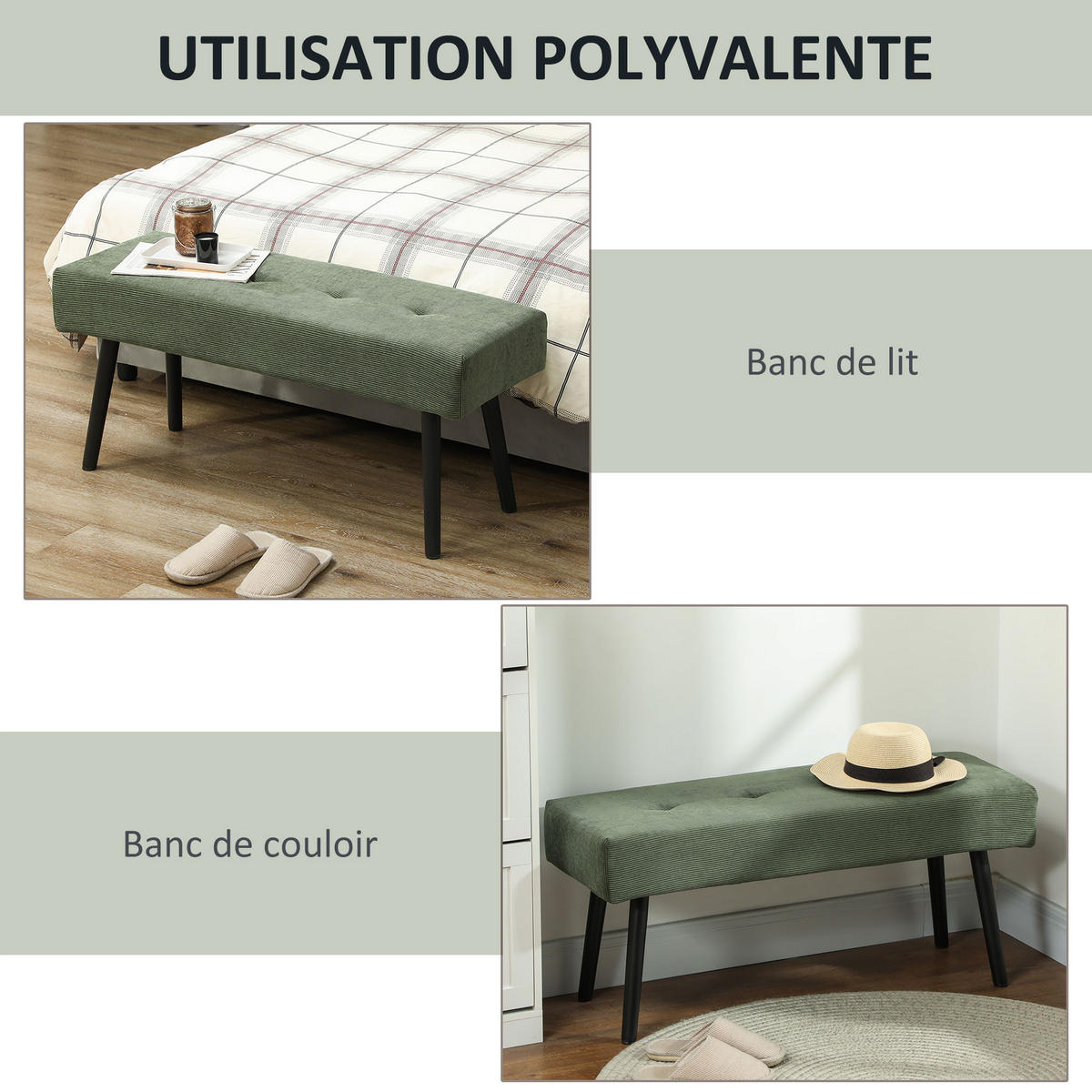 HOCKERBANK DE-12891 mit Rippvelours und Stahlfüße Grün - Grün, Textil (36/45/100cm) - ComfortXL
