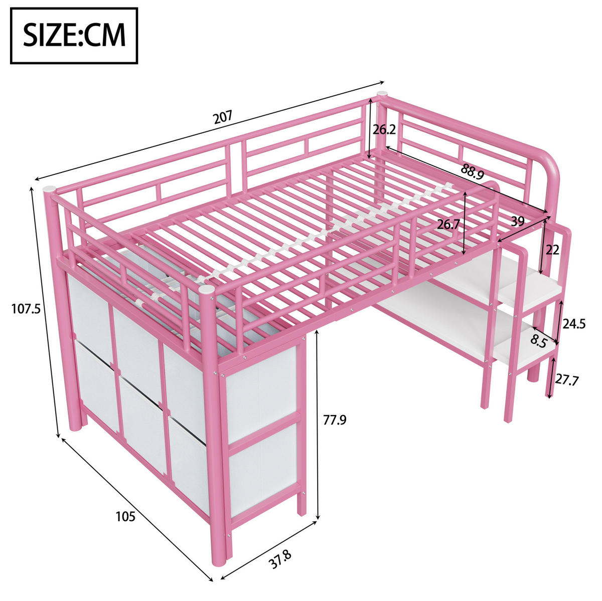 HOCHBETT 90/200 cm aus Metall und MDF mit Stauraumtreppe Rosa/Weiß - Rosa, Metall (90/200cm) - Modenvie