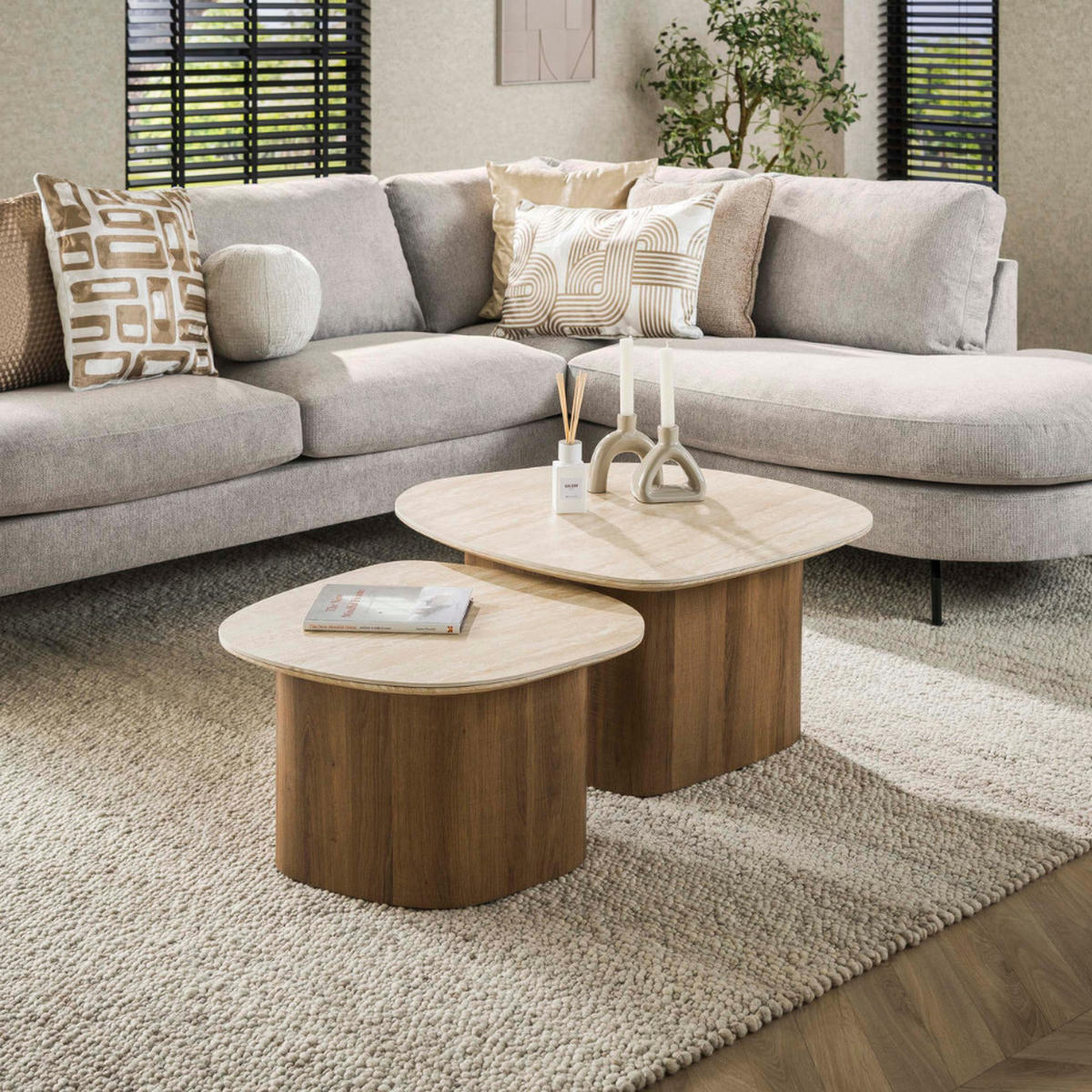 COUCHTISCH-SET ROMANO CIOTTOLO Organische Kiesel-Satztische in Travertin-Optik - Beige/Braun, Keramik (79/85/40cm) - alesvelt