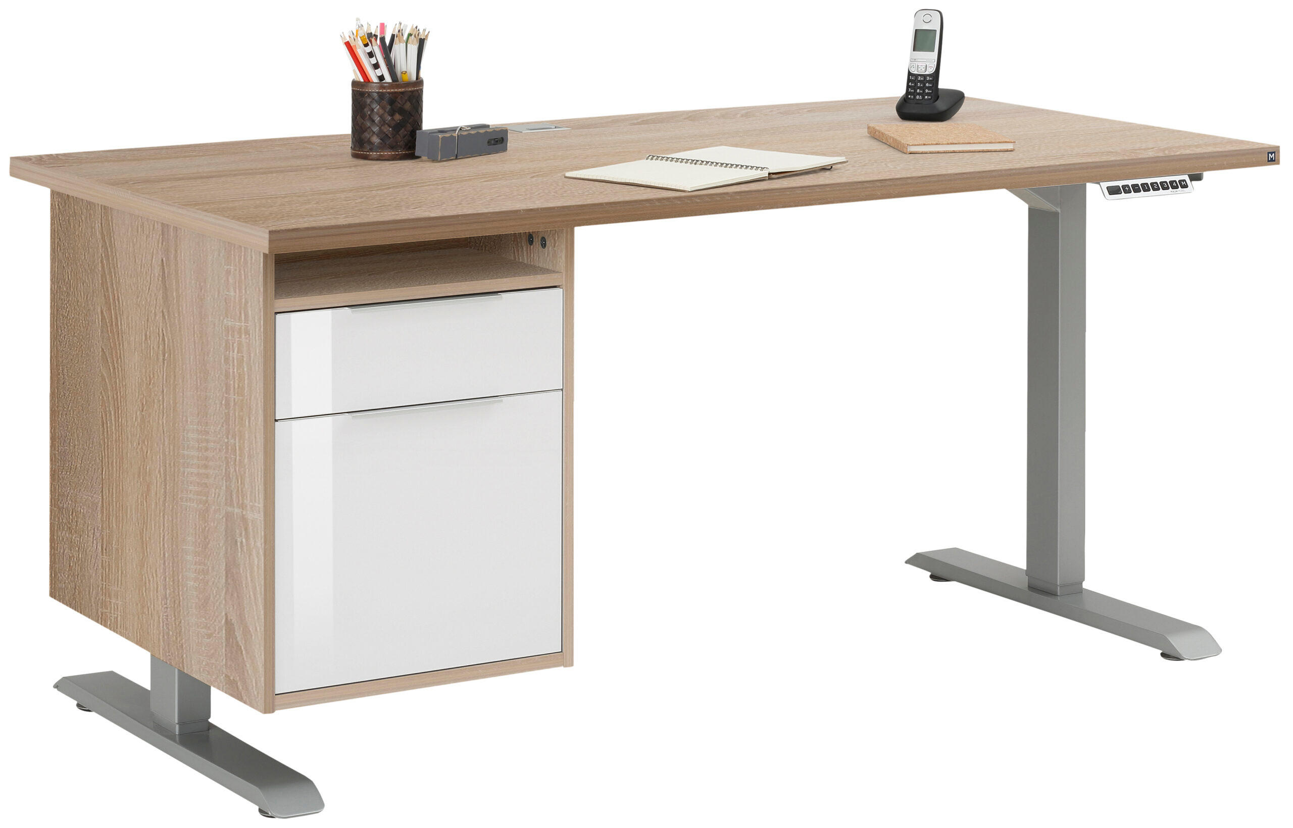 SCHREIBTISCH mit Hängecontainer Platingrau, Eiche Sonoma und Weiß 150x80cm, elektrisch höhenverstellbar – von MAJA Möbel – Container links - Grau, Holzwerkstoff (80/150/70.5cm)