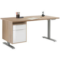 SCHREIBTISCH mit Hängecontainer Platingrau, Eiche Sonoma und Weiß 150x80cm, elektrisch höhenverstellbar – von MAJA Möbel – Container links - Grau, Holzwerkstoff (80/150/70.5cm)