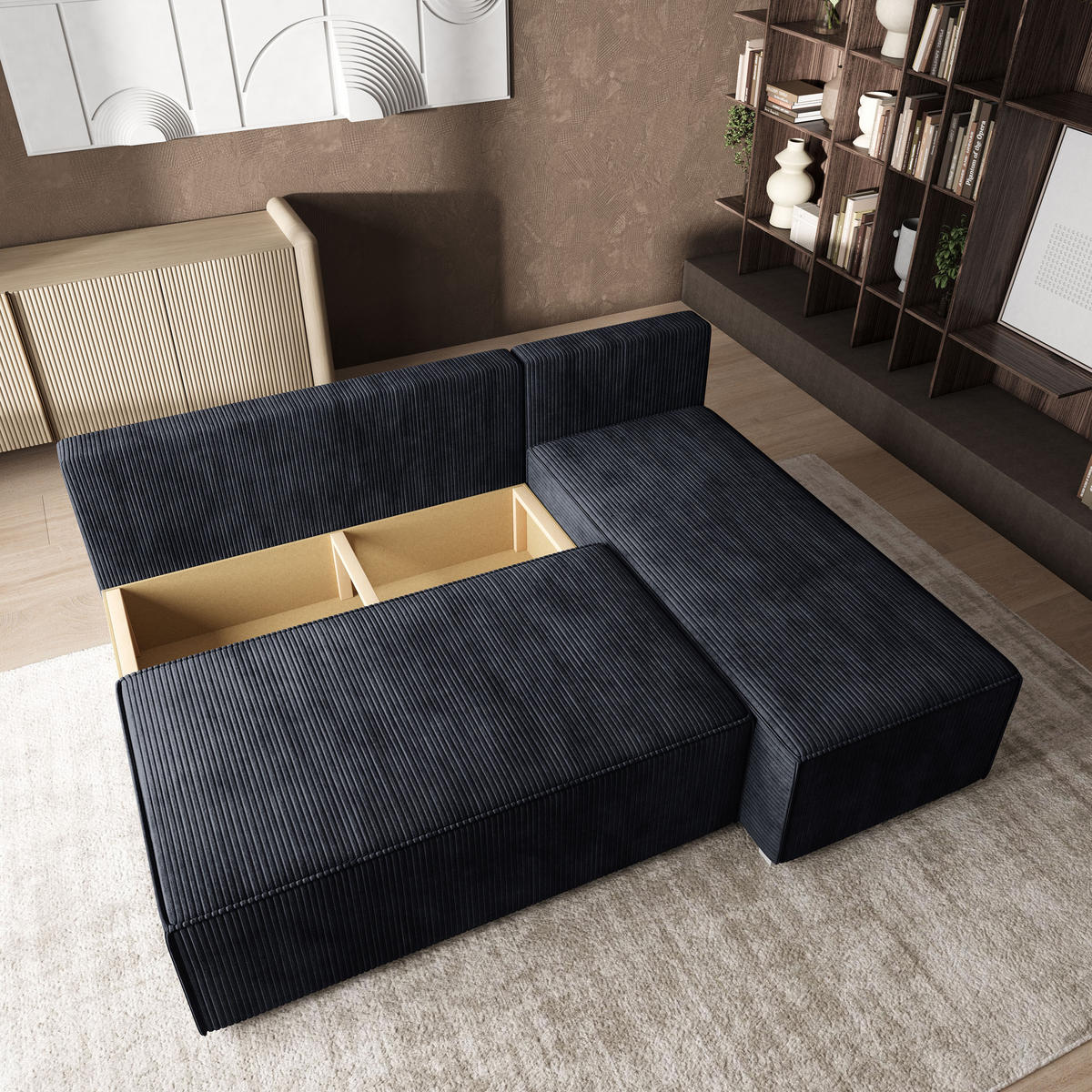 ROHOVÁ SEDAČKA BRISO černá - šedá/černá, dřevo/textil (200/140cm) - MASSENO