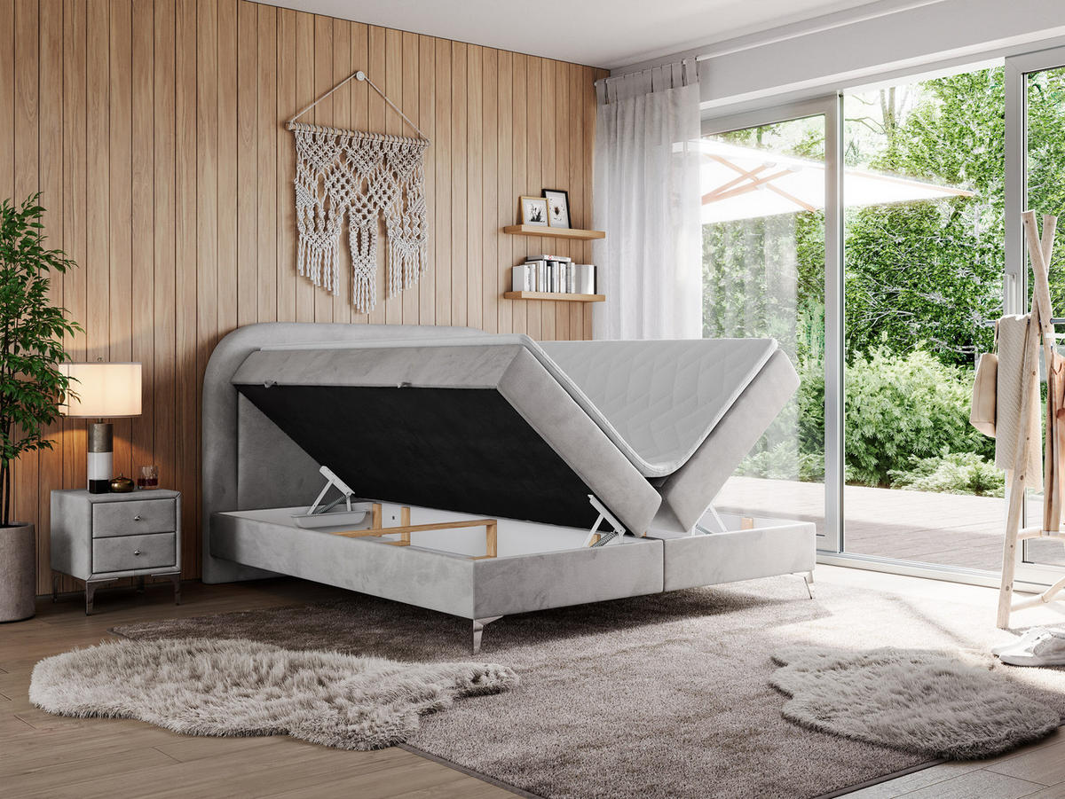 BOXBETT EIRA 140/200 Hellgrau Velvet - H3 - Silberfarben/Hellgrau, Holz/Textil (140/200cm) - MKS