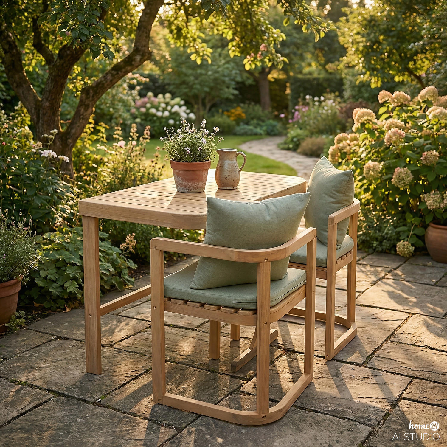 BALKONSET - 3-teilig - Akazie massiv / Webstoff - Braun / Grün - Grün, Holz/Textil - home24