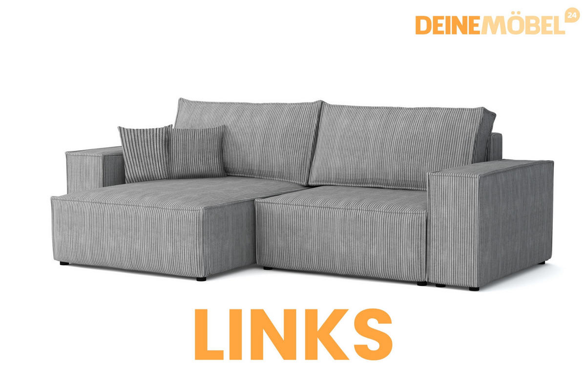 ECKSOFA MATT 255/153 cm links in Cord Hellgrau - Hellgrau/Schwarz, Holz/Holzwerkstoff (255/153cm) - Deine Möbel 24