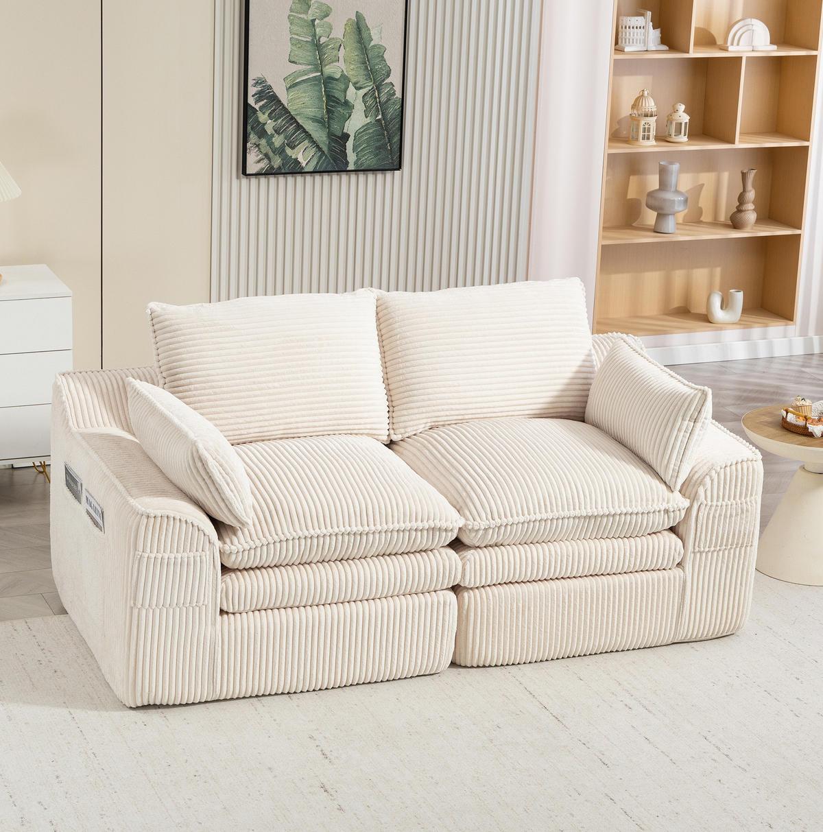 SOFA 2-Sitzer 191 x 94 cm Cord Beige mit Seitentaschen - Beige, Kunststoff (94/85/191cm) - Meubliv