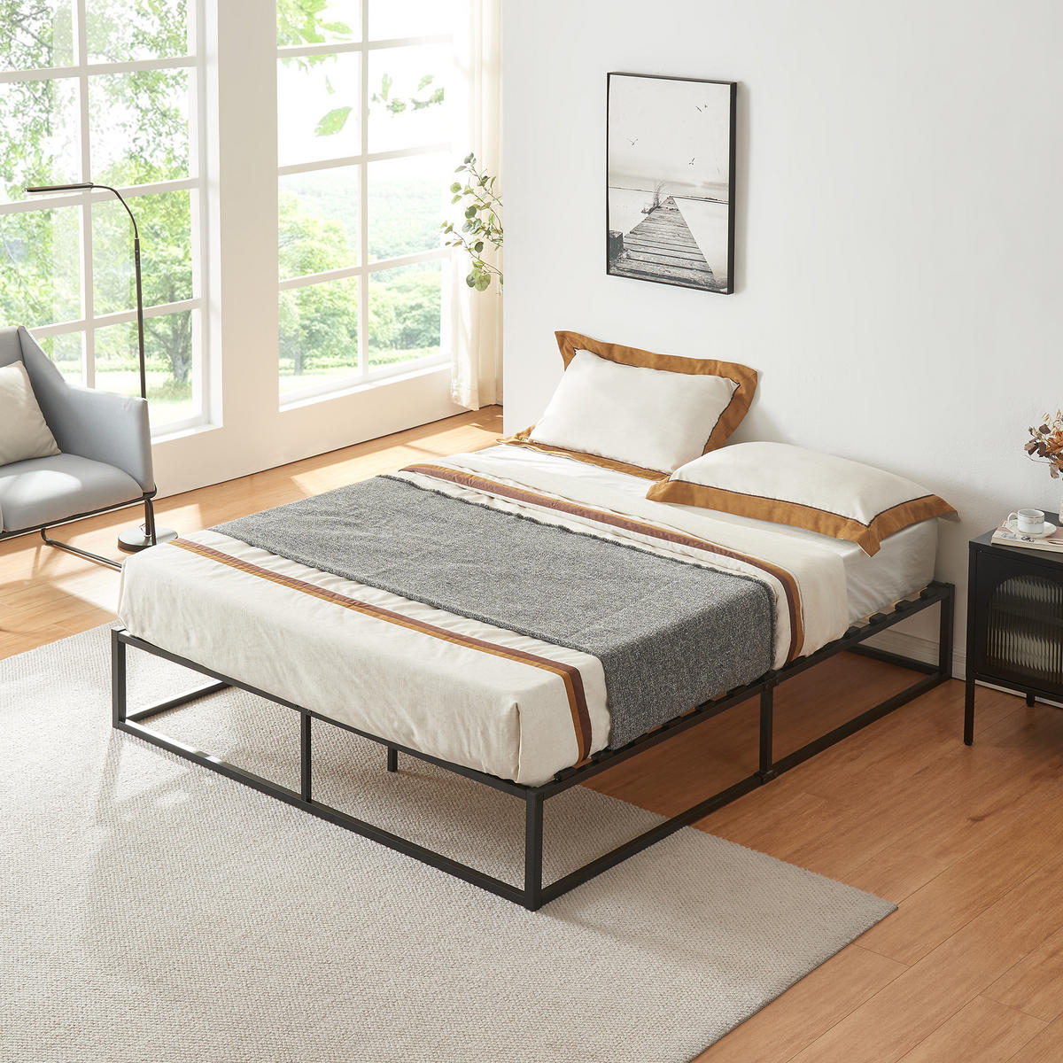 METALLBETT Kreta mit Matratze - Schwarz, Textil/Metall (180/200cm) - [en.casa]